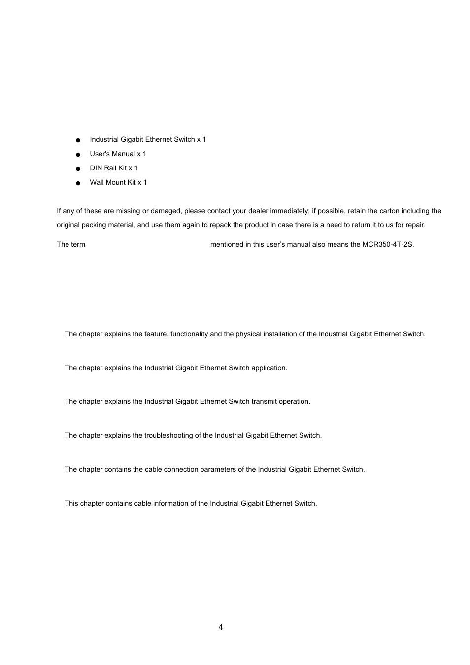 Introduction, 1 package contents, 2 how to use this manual | Ackage, Onte, Ow to, Anual, Installation, Roduct, Escription | Interlogix MC350-4T-2S User Manual | Page 4 / 32