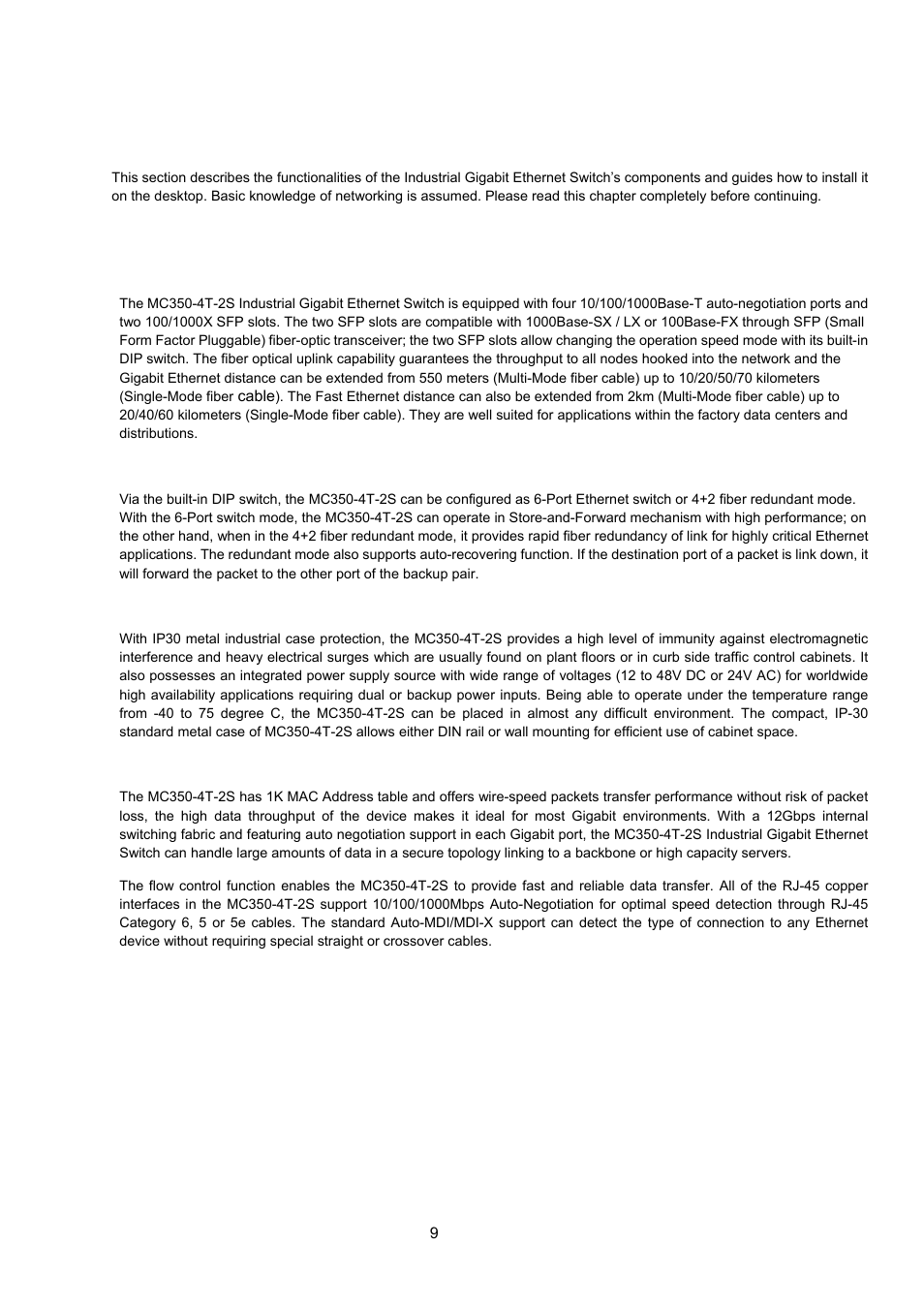 Installation, 1 product description, Roduct | Pecificat, 2 led indicators, 7 redundancy overview, Switch operation, Egotiati | Interlogix MC350-4T-2S User Manual | Page 9 / 32