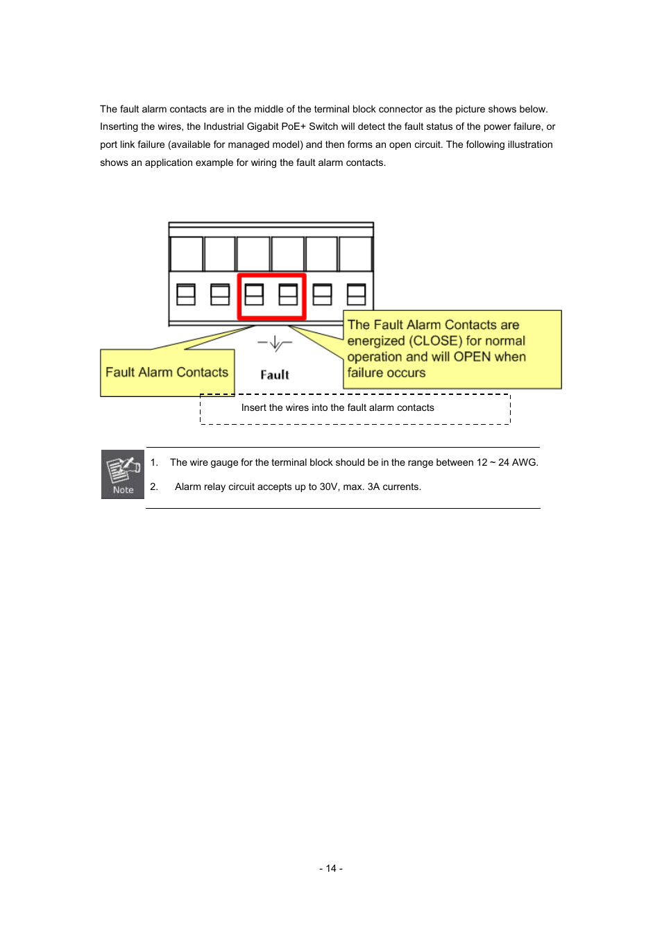 6 wiring the fault alarm contact | Interlogix MC352-4P-2S User Manual | Page 14 / 31