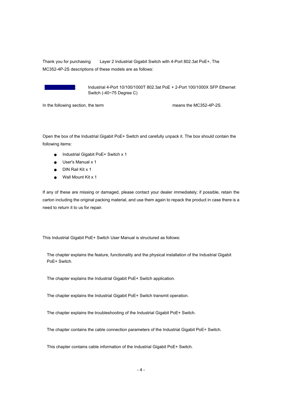 Introduction, Ackage, Ontents | Ow to, Anual, 1 package contents, 2 how to use this manual | Interlogix MC352-4P-2S User Manual | Page 4 / 31