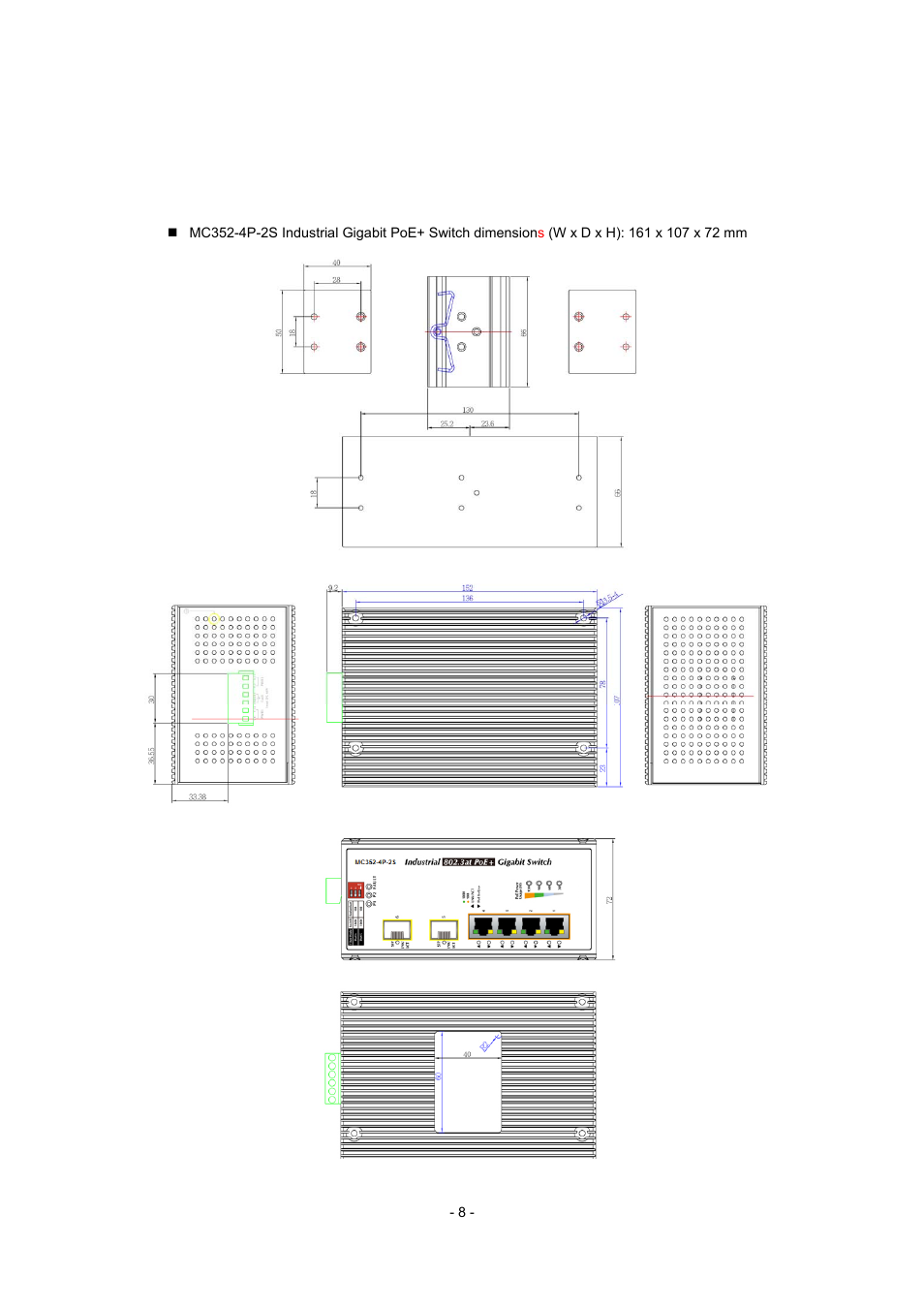 Hysical, Imensions, 5 physical dimensions | Interlogix MC352-4P-2S User Manual | Page 8 / 31