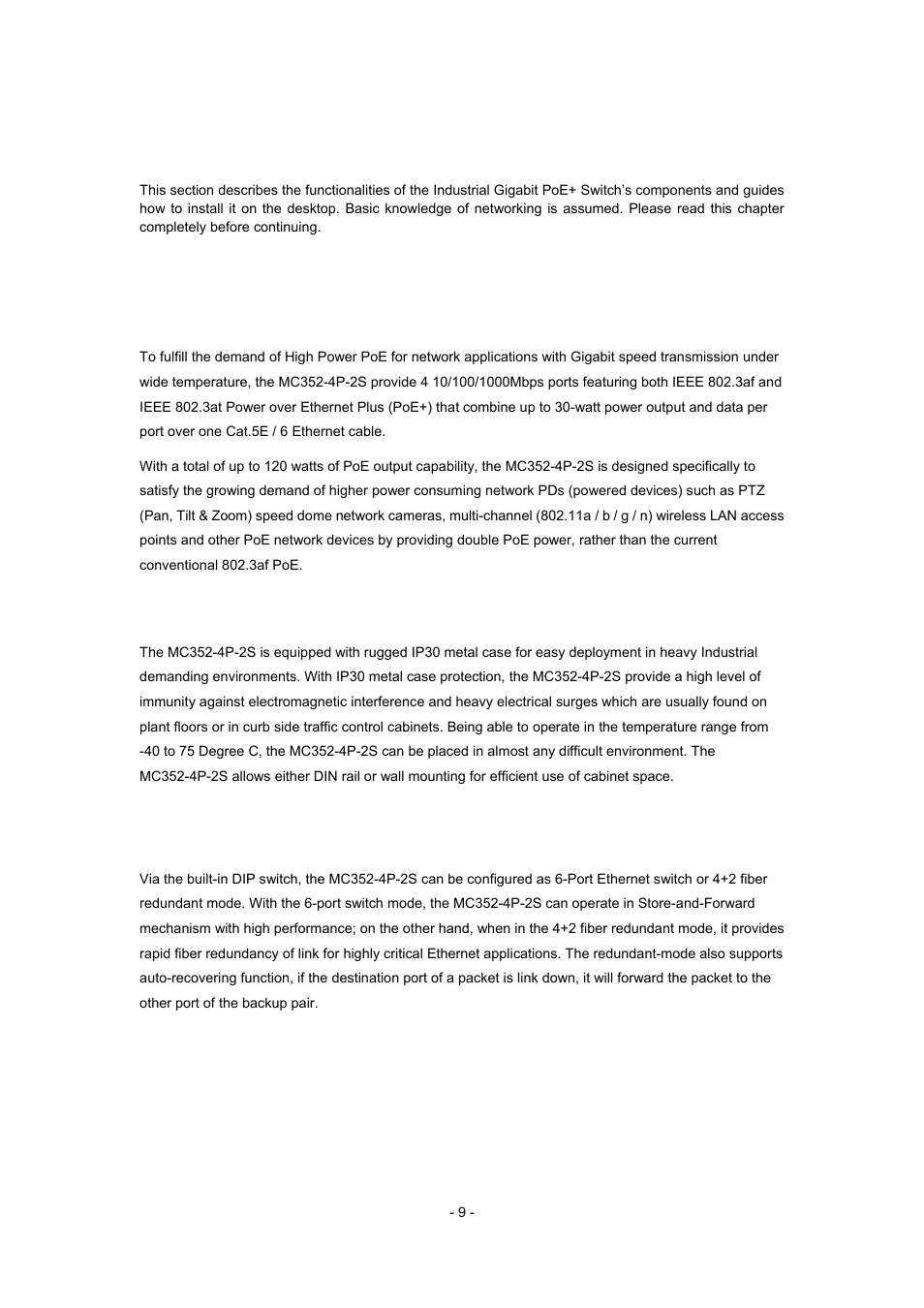 Installation, Roduct, Escription | 1 product description | Interlogix MC352-4P-2S User Manual | Page 9 / 31