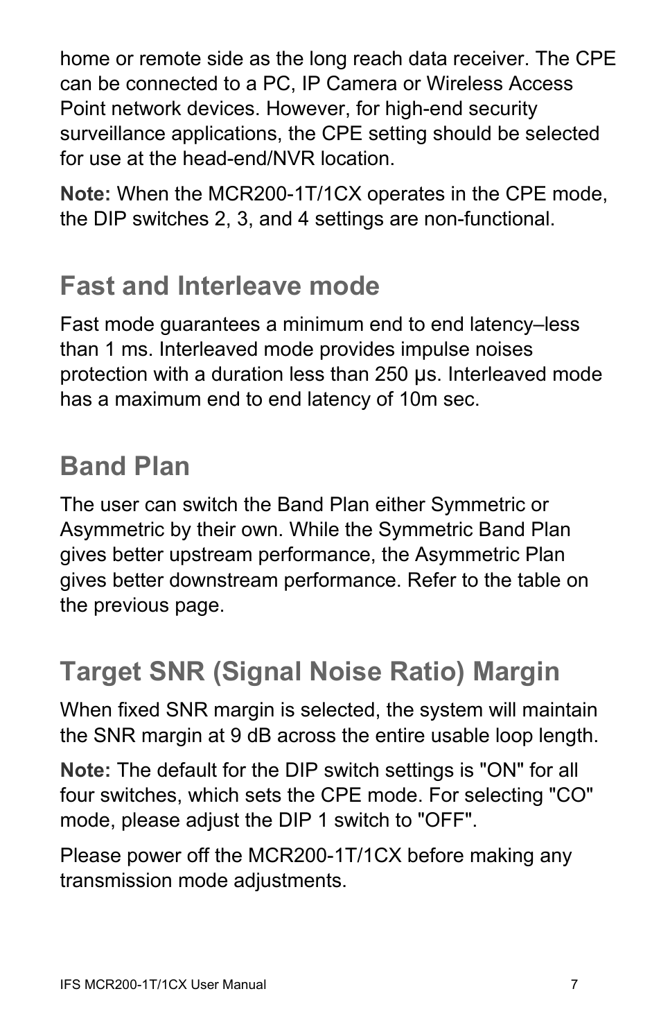 Fast and interleave mode, Band plan, Target snr (signal noise ratio) margin | Fast and interleave mode 7, L noise ratio) margin 7 | Interlogix MCR200-1T/1CX User Manual | Page 13 / 25