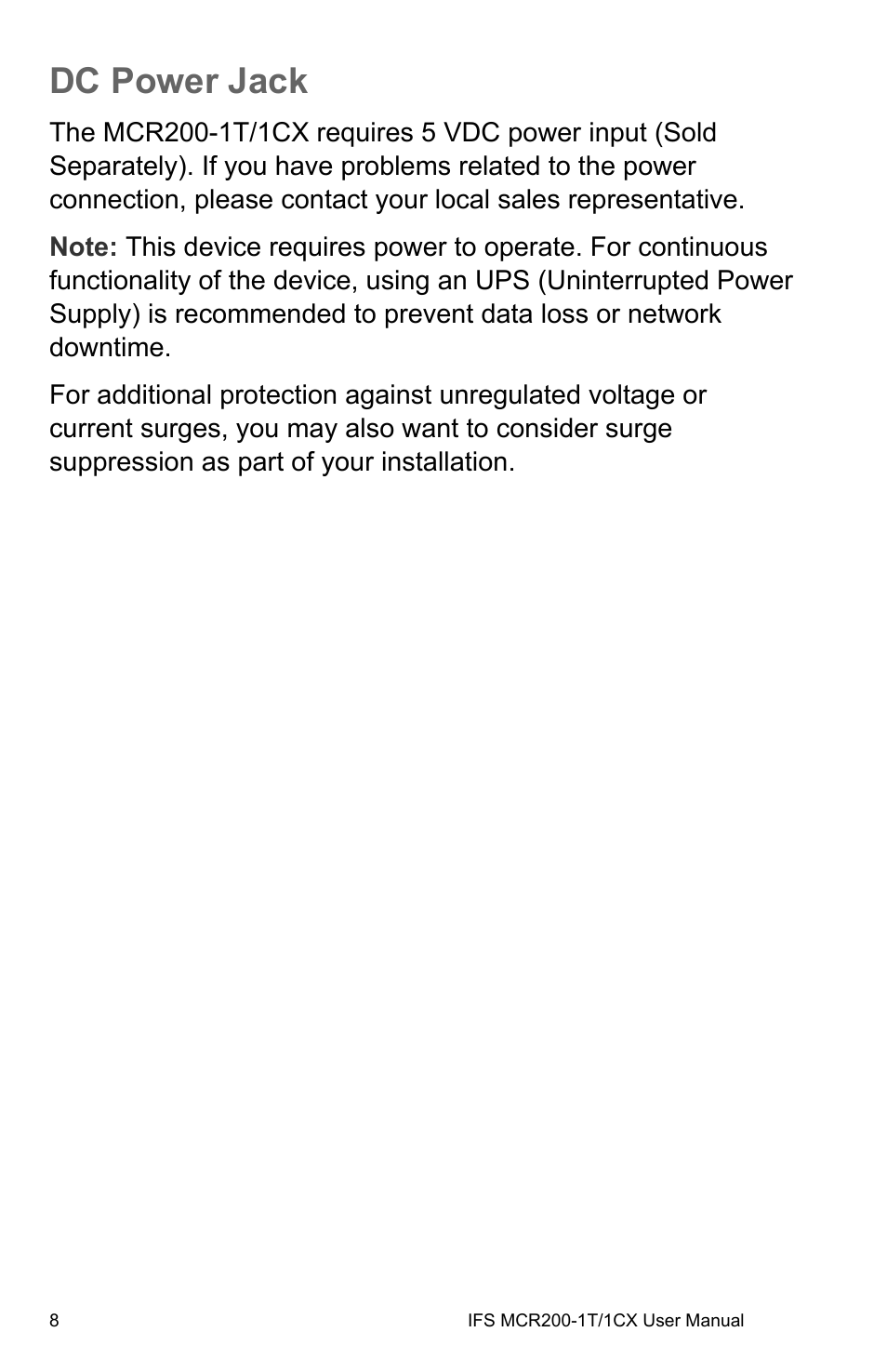 Dc power jack, Dc power jack 8 | Interlogix MCR200-1T/1CX User Manual | Page 14 / 25