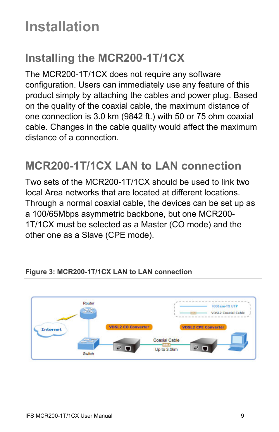Installation, Installing the mcr200-1t/1cx, Mcr200-1t/1cx lan to lan connection | 1t/1cx 9, Mcr200-1t/1cx lan to lan connection 9 | Interlogix MCR200-1T/1CX User Manual | Page 15 / 25