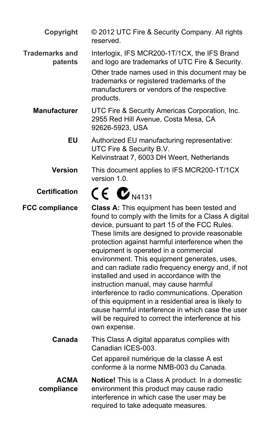 Interlogix MCR200-1T/1CX User Manual | Page 2 / 25