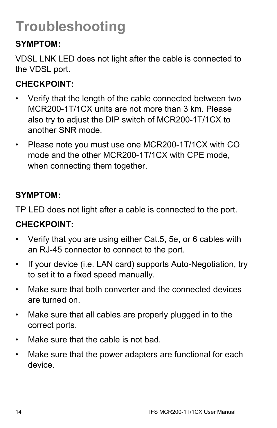 Troubleshooting, Troubleshooting 14 | Interlogix MCR200-1T/1CX User Manual | Page 20 / 25