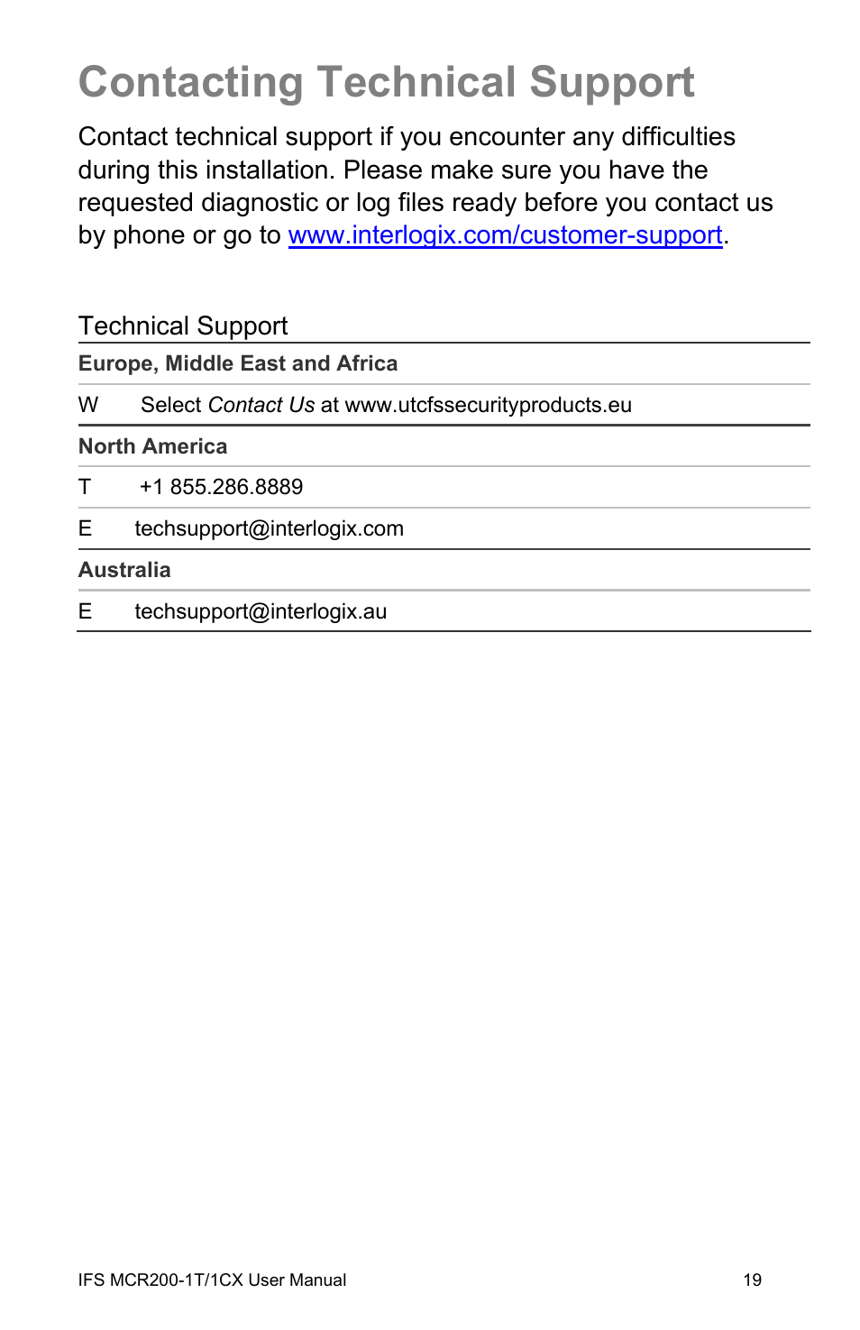 Contacting technical support, Contacting technical support 19 | Interlogix MCR200-1T/1CX User Manual | Page 25 / 25