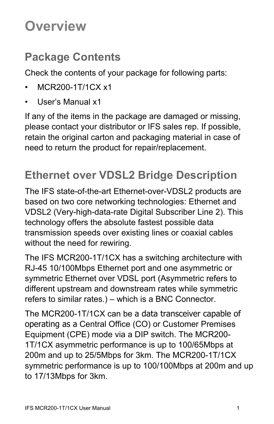 Overview, Package contents, Ethernet over vdsl2 bridge description | Package contents 1 | Interlogix MCR200-1T/1CX User Manual | Page 7 / 25