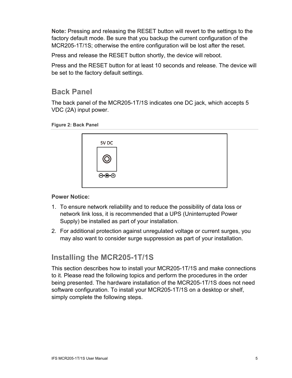 Back panel, Power notice, Installing the mcr205-1t/1s | Back panel 5, 1t/1s 5 | Interlogix MCR205-1T/1S User Manual User Manual | Page 11 / 62