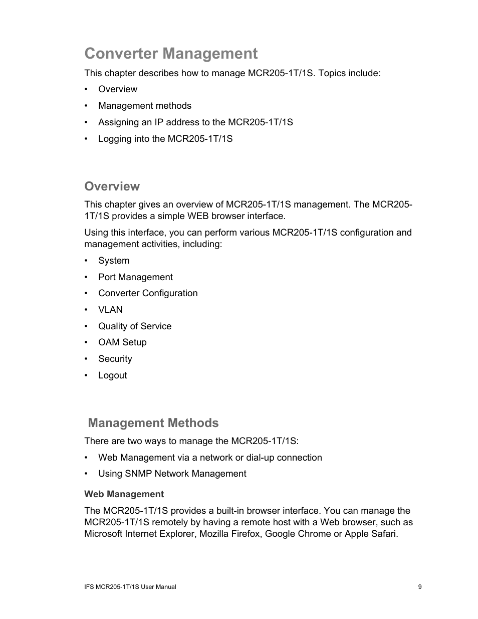 Converter management, Overview, Management methods | Web management, Converter management 9, Overview 9 management methods 9 | Interlogix MCR205-1T/1S User Manual User Manual | Page 15 / 62