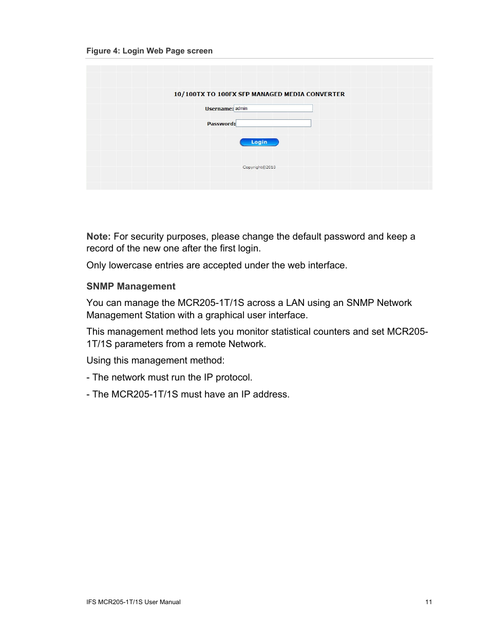 Snmp management | Interlogix MCR205-1T/1S User Manual User Manual | Page 17 / 62