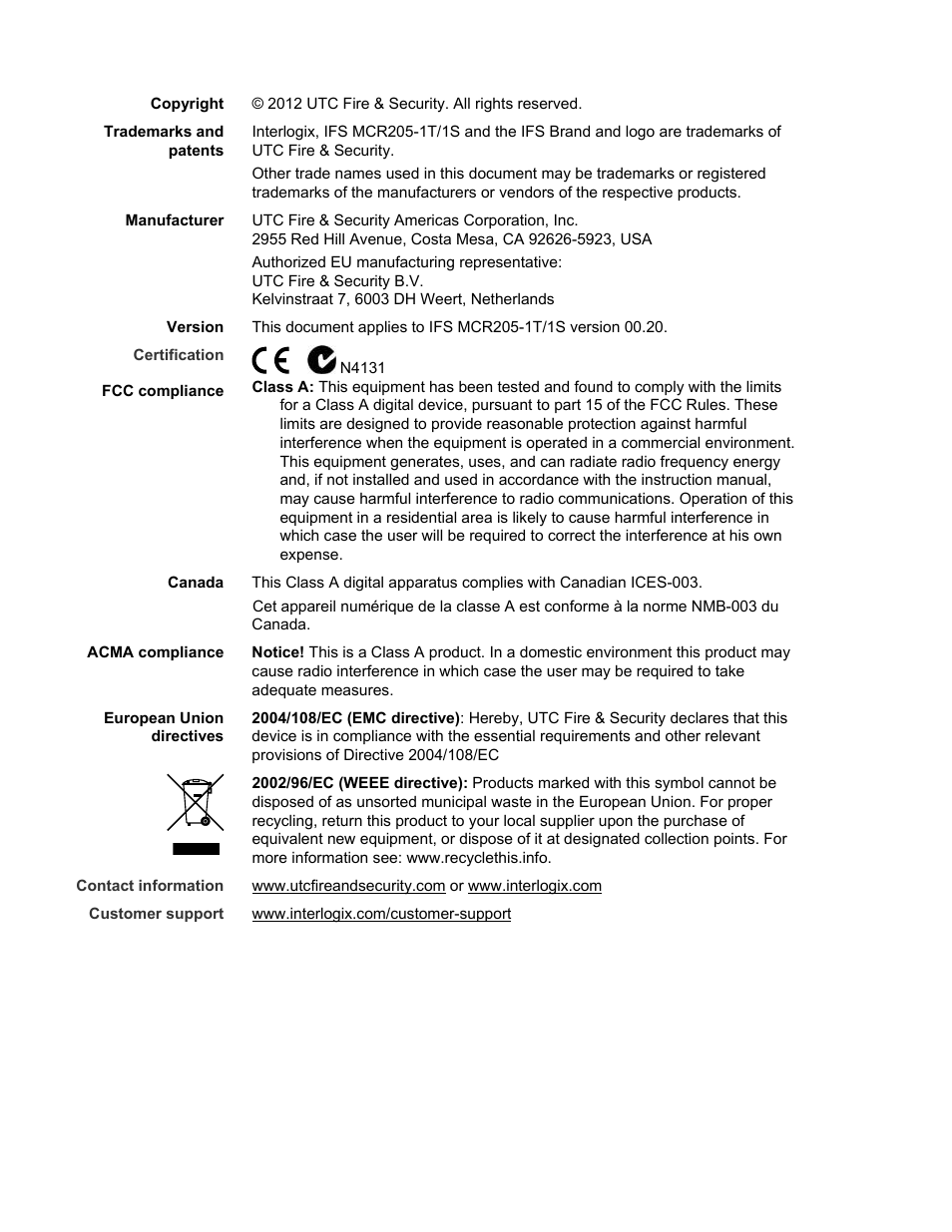 Interlogix MCR205-1T/1S User Manual User Manual | Page 2 / 62