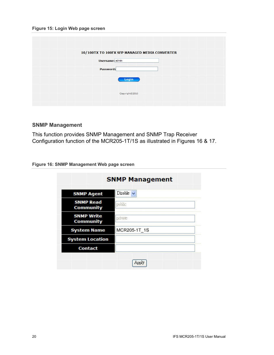 Snmp management | Interlogix MCR205-1T/1S User Manual User Manual | Page 26 / 62