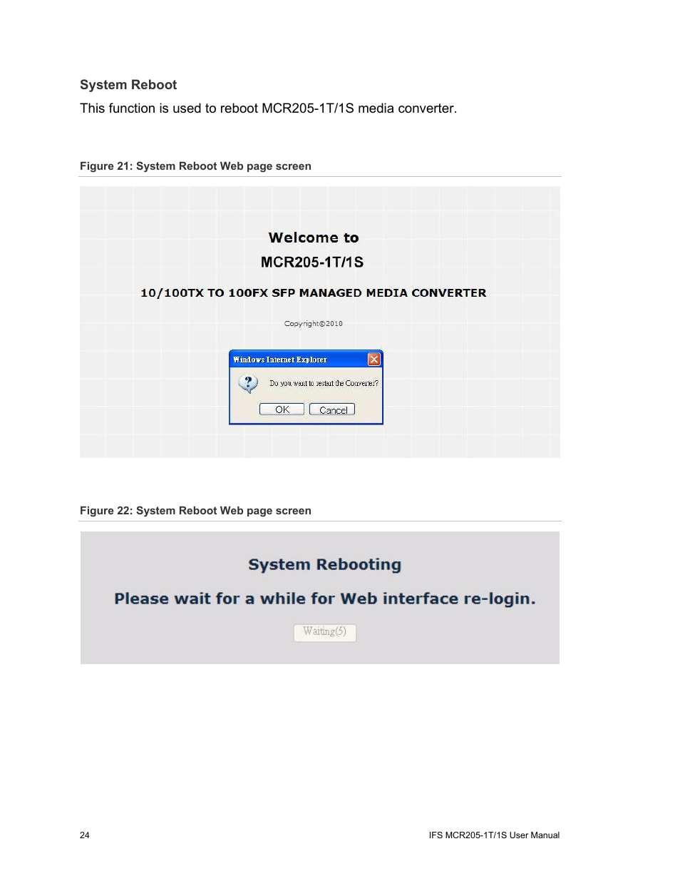 System reboot | Interlogix MCR205-1T/1S User Manual User Manual | Page 30 / 62