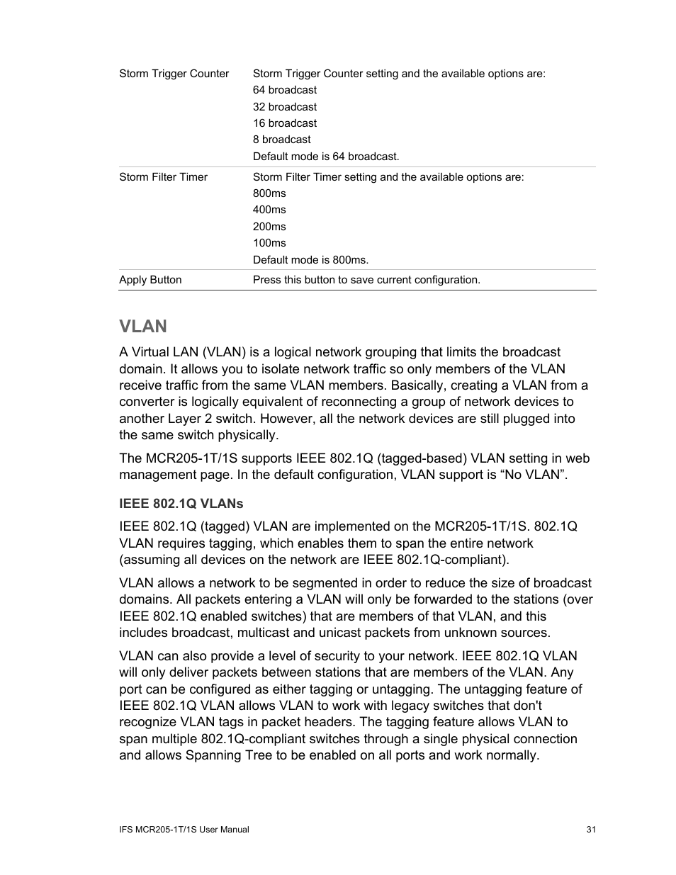 Vlan, Ieee 802.1q vlans, Vlan 31 | Interlogix MCR205-1T/1S User Manual User Manual | Page 37 / 62