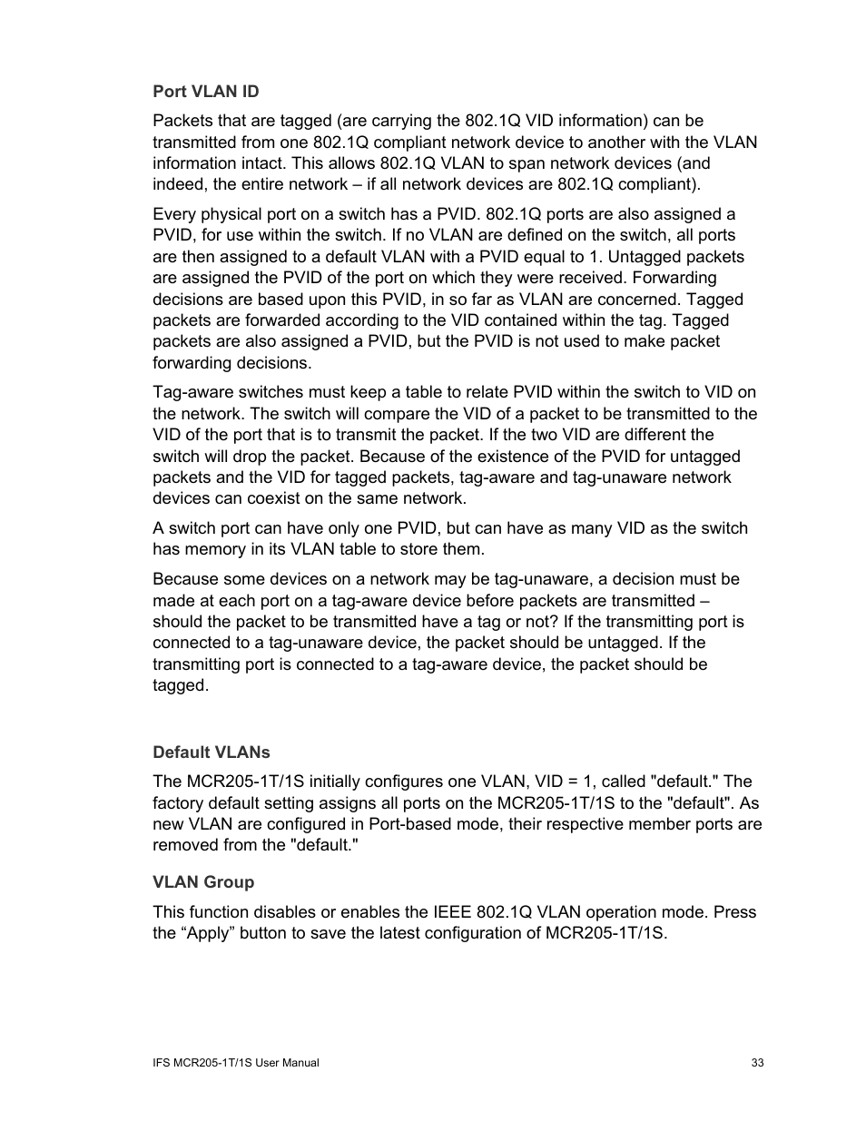 Port vlan id, Default vlans, Vlan group | Interlogix MCR205-1T/1S User Manual User Manual | Page 39 / 62