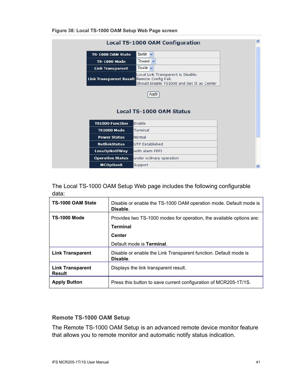 Remote ts-1000 oam setup | Interlogix MCR205-1T/1S User Manual User Manual | Page 47 / 62