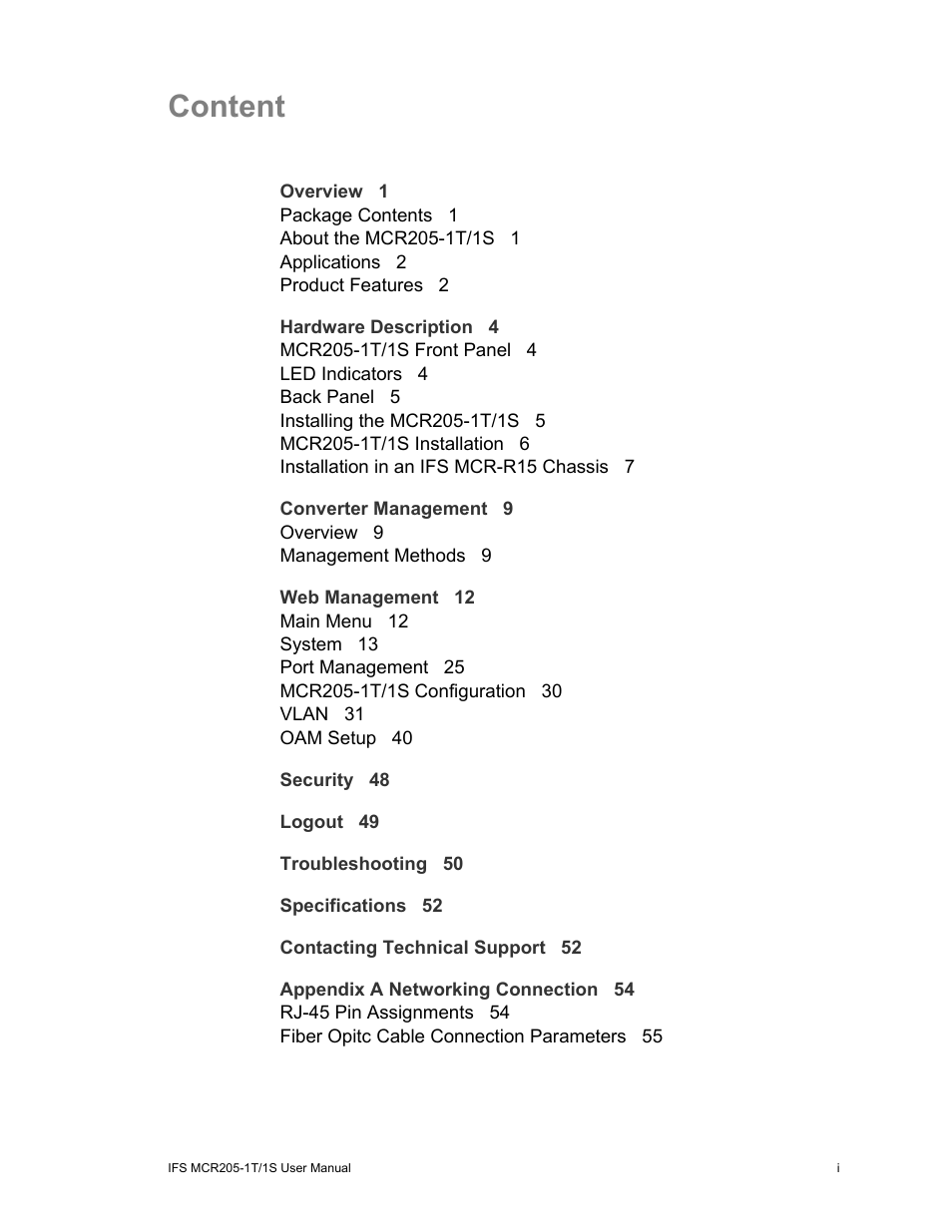 Content | Interlogix MCR205-1T/1S User Manual User Manual | Page 5 / 62