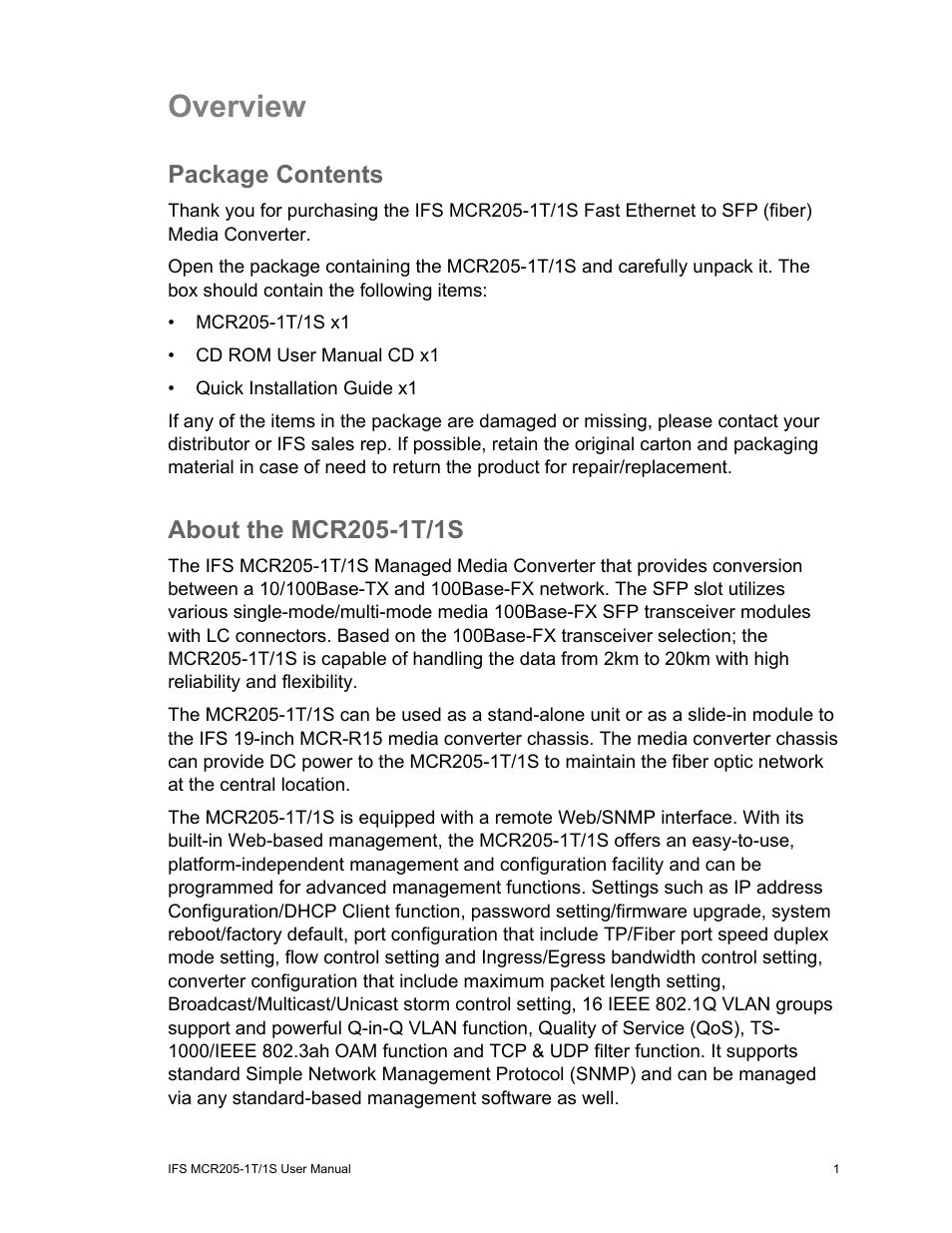 Overview, Package contents, About the mcr205-1t/1s | Package contents 1, About the mcr205-1t/1s 1 | Interlogix MCR205-1T/1S User Manual User Manual | Page 7 / 62