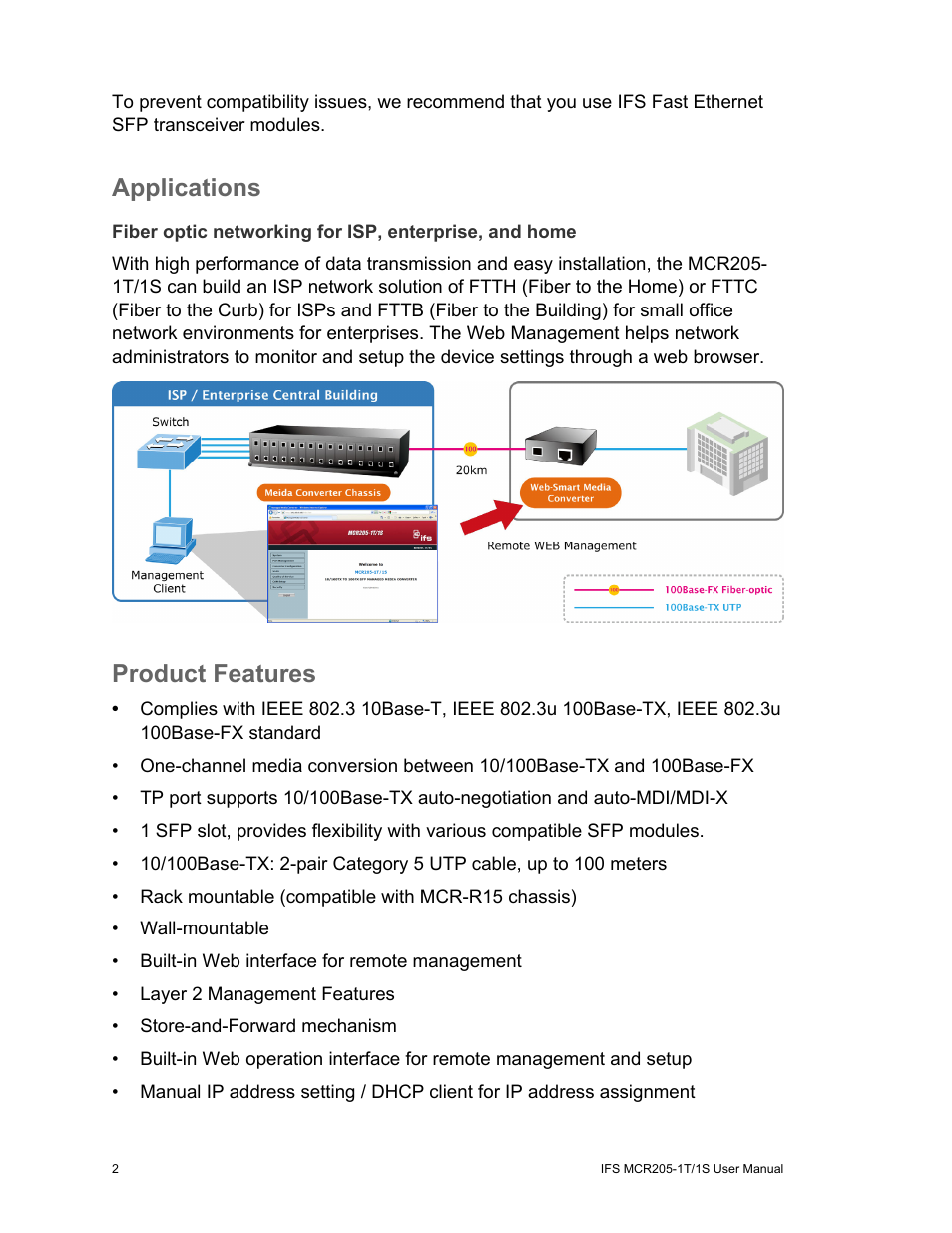 Applications, Product features, Applications 2 | Interlogix MCR205-1T/1S User Manual User Manual | Page 8 / 62