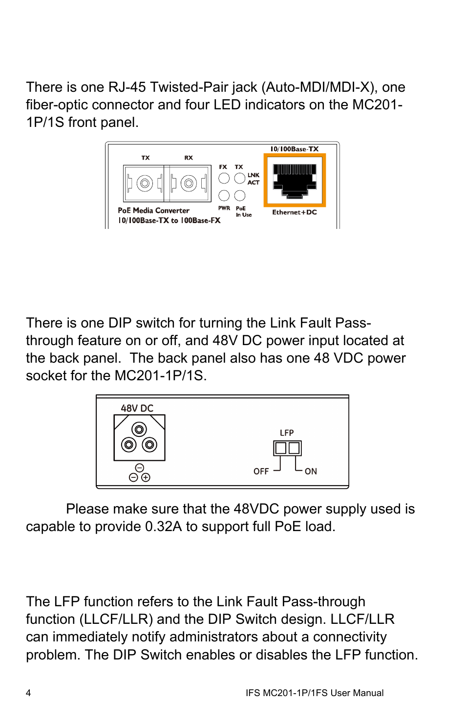 Front panel, Back panel, Link fault pass-through (lfp) | Link fault pass-through (lfp) 4 | Interlogix MC201-1P/1FS User Manual | Page 10 / 20