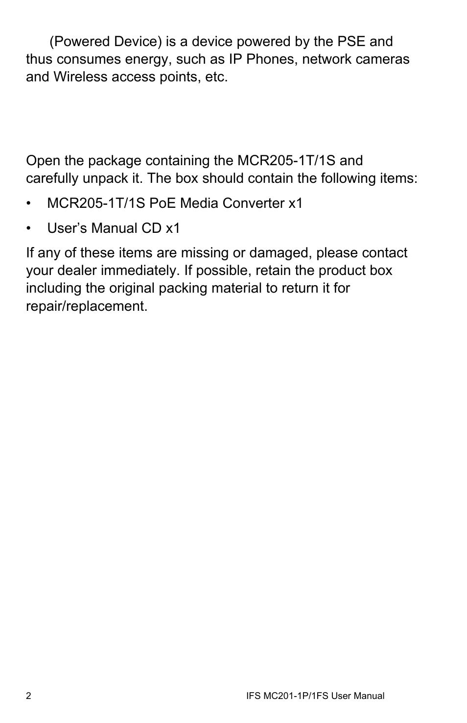 Package contents, E contents 2 | Interlogix MC201-1P/1FS User Manual | Page 8 / 20