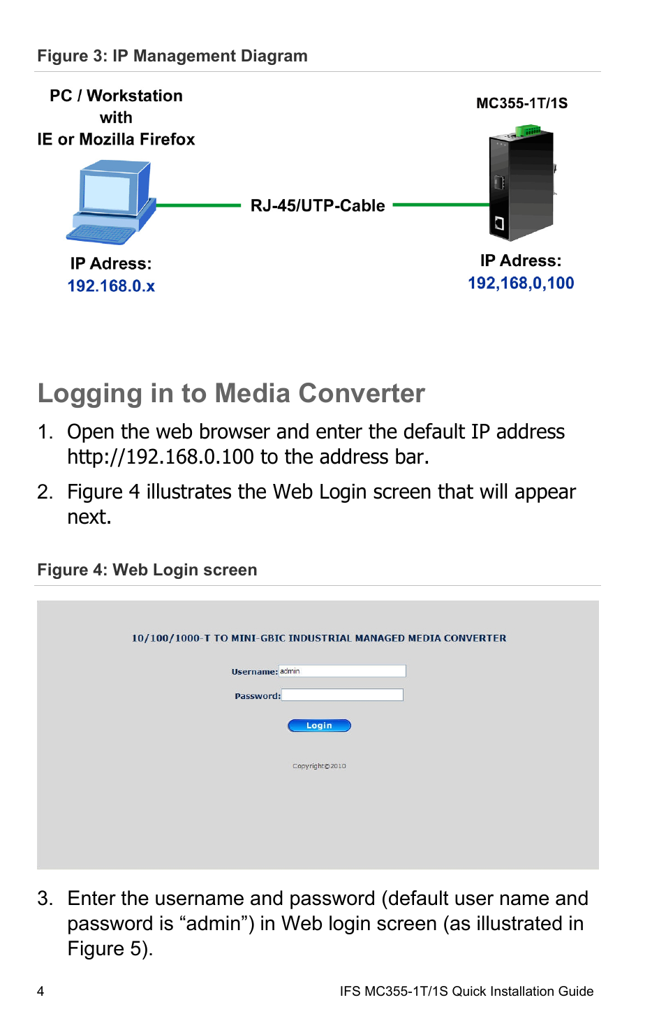 Logging in to media converter, Logging in to media converter 4 | Interlogix MC355-1T/1S Installation Guide User Manual | Page 10 / 13