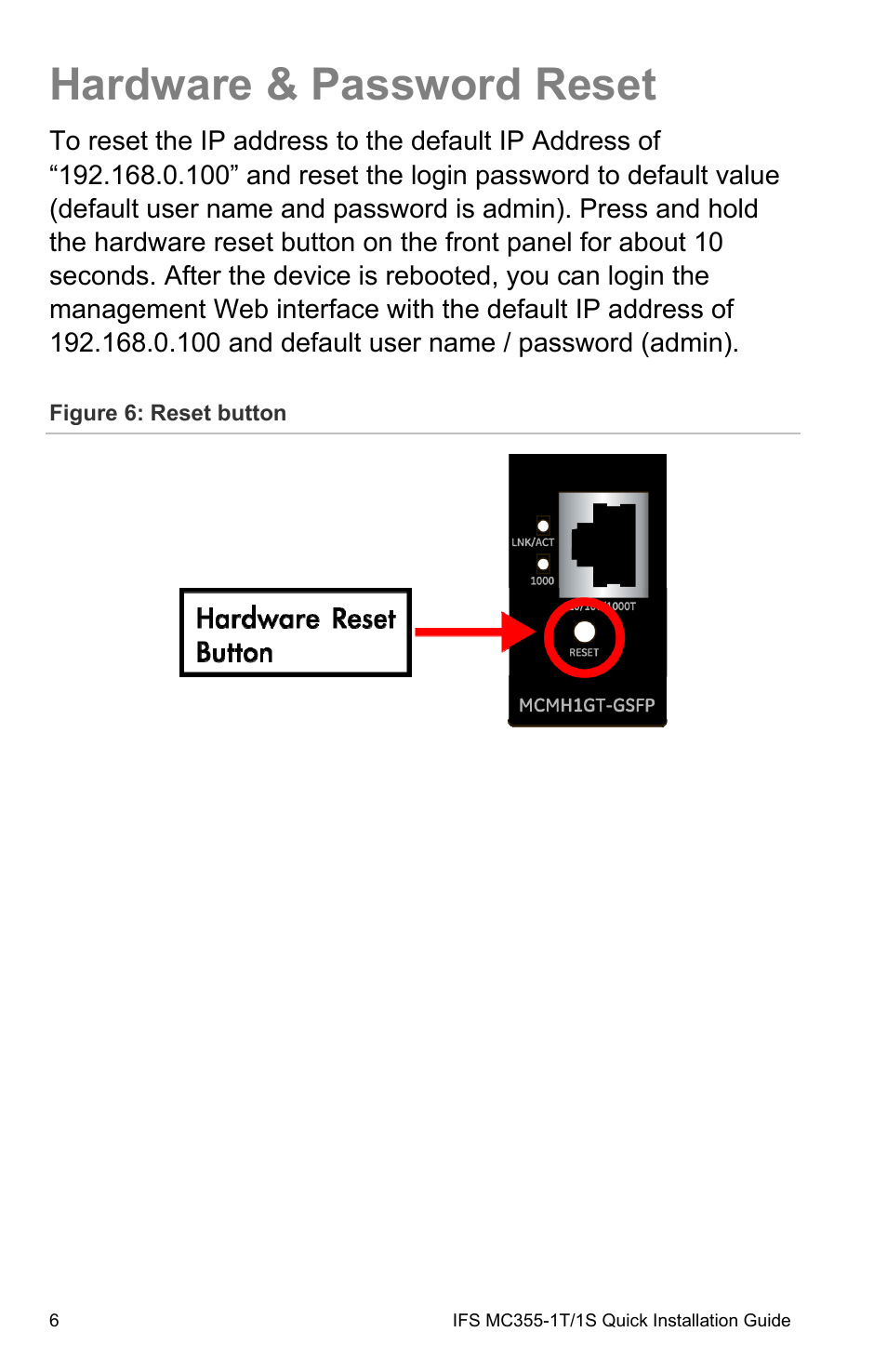 Hardware & password reset, Hardware & password reset 6 | Interlogix MC355-1T/1S Installation Guide User Manual | Page 12 / 13