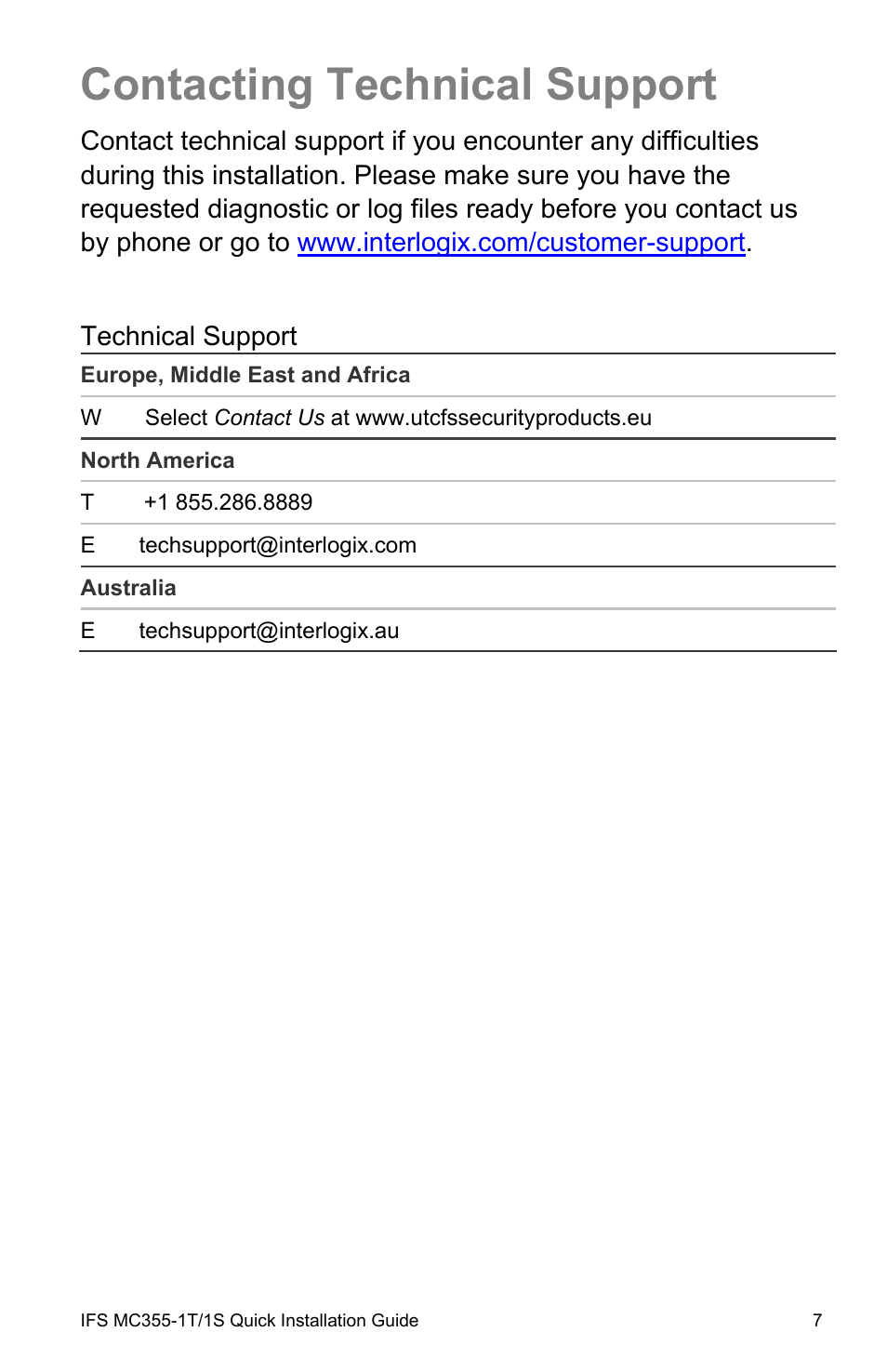 Contacting technical support, Contacting technical support 7 | Interlogix MC355-1T/1S Installation Guide User Manual | Page 13 / 13