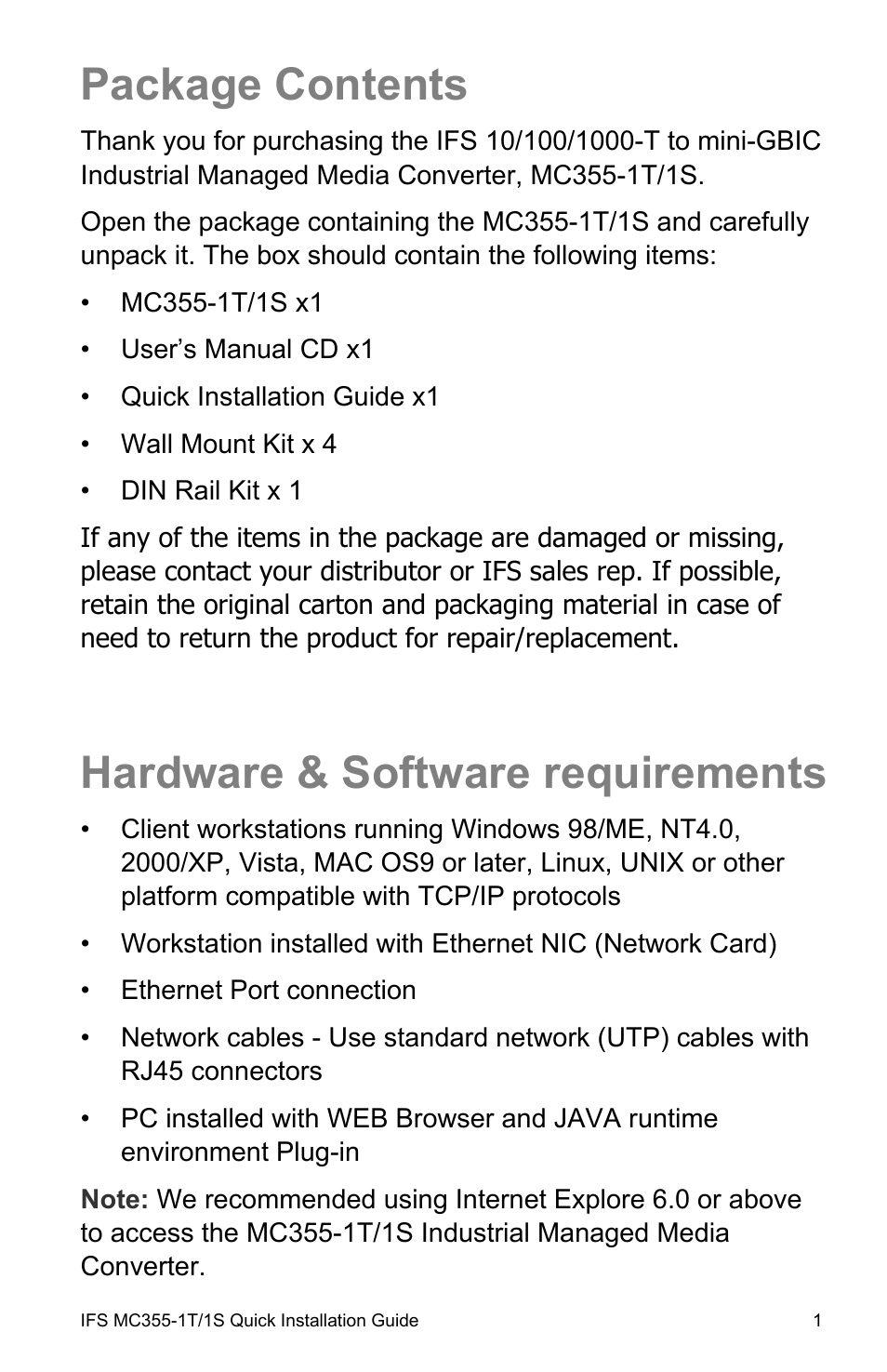 Package contents, Hardware & software requirements, Package contents 1 | Hardware & software requirements 1 | Interlogix MC355-1T/1S Installation Guide User Manual | Page 7 / 13