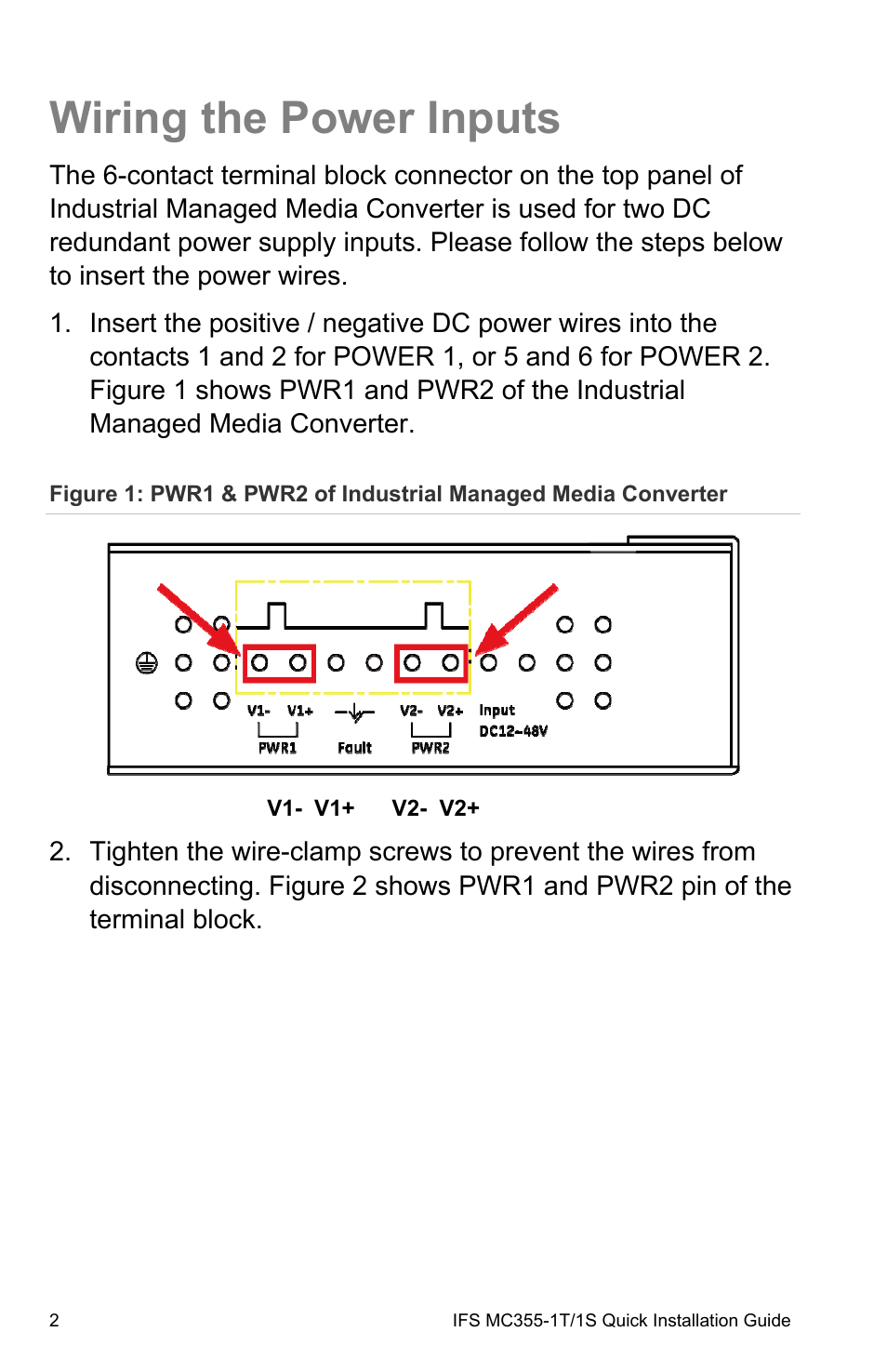 Wiring the power inputs, Wiring the power inputs 2 | Interlogix MC355-1T/1S Installation Guide User Manual | Page 8 / 13