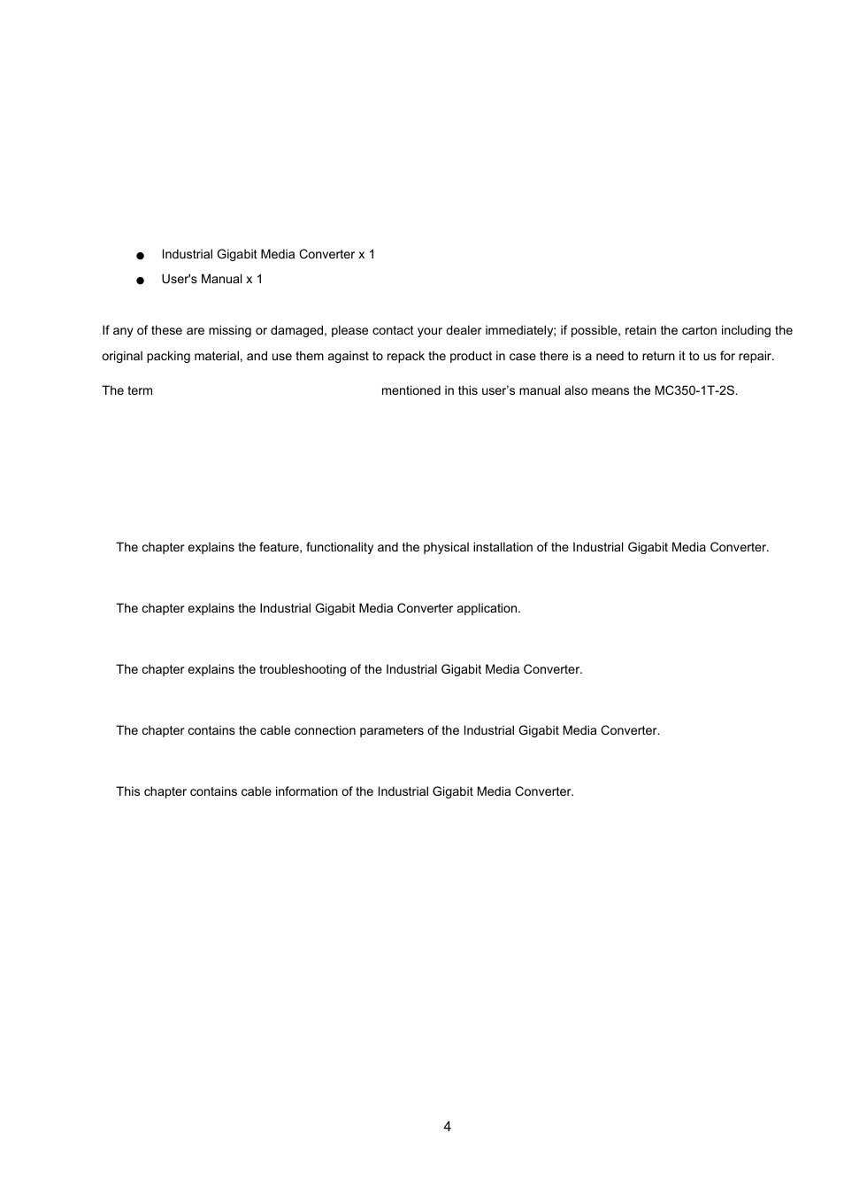 Introduction, 1 package contents, 2 how to use this manual | Roduct, Pecifications, Hysical, Imensions, 2 led indicators, 3 converter upper panel, 7 redundancy overview | Interlogix MC350-1T-2S User Manual | Page 4 / 29