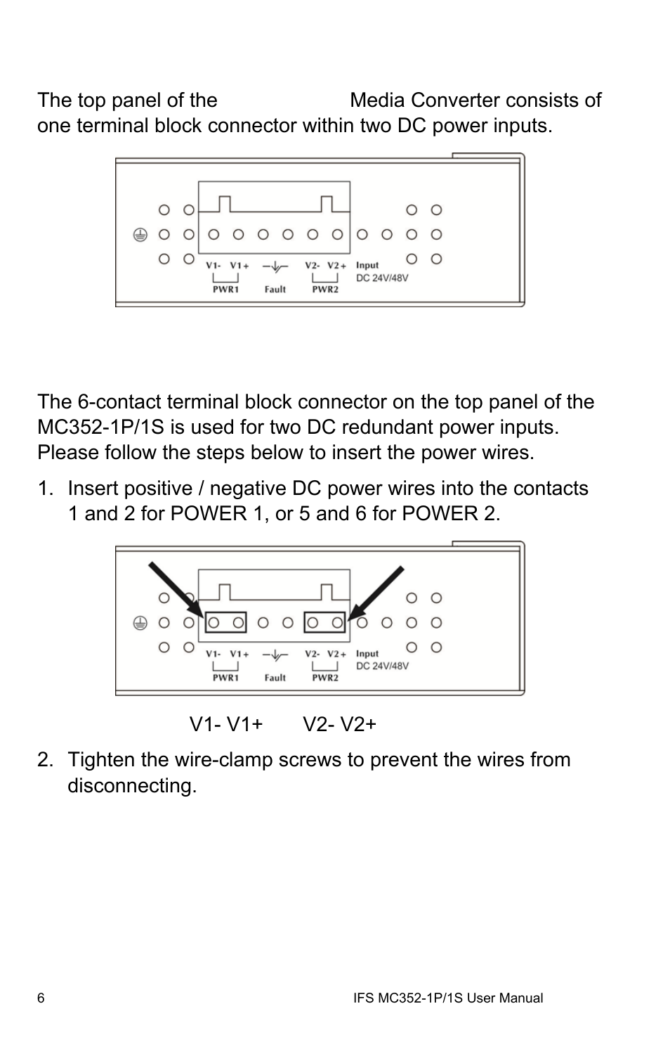 Top panel, Wiring the power inputs, Top panel 6 | Wiring the power inputs 6 | Interlogix MC352-1P/1S User Manual | Page 10 / 29