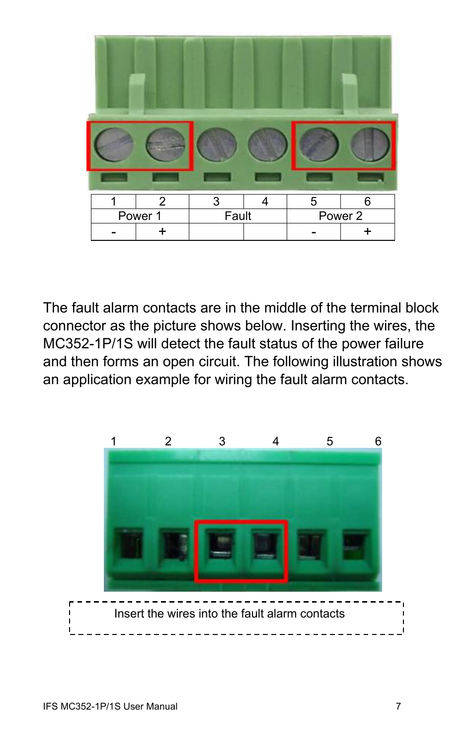 Wiring the fault alarm contact | Interlogix MC352-1P/1S User Manual | Page 11 / 29