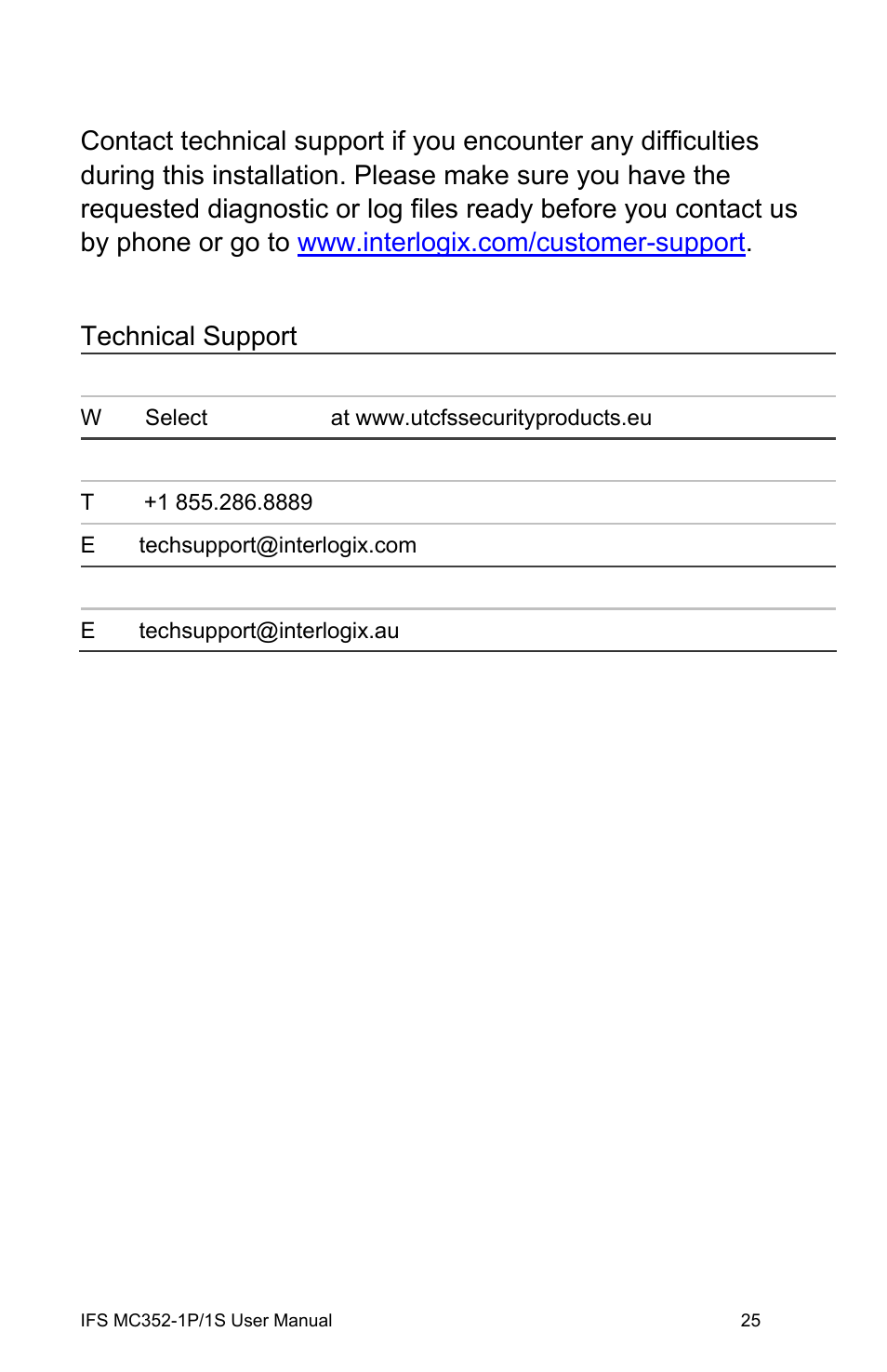 Contacting technical support, Contacting technical support 25 | Interlogix MC352-1P/1S User Manual | Page 29 / 29