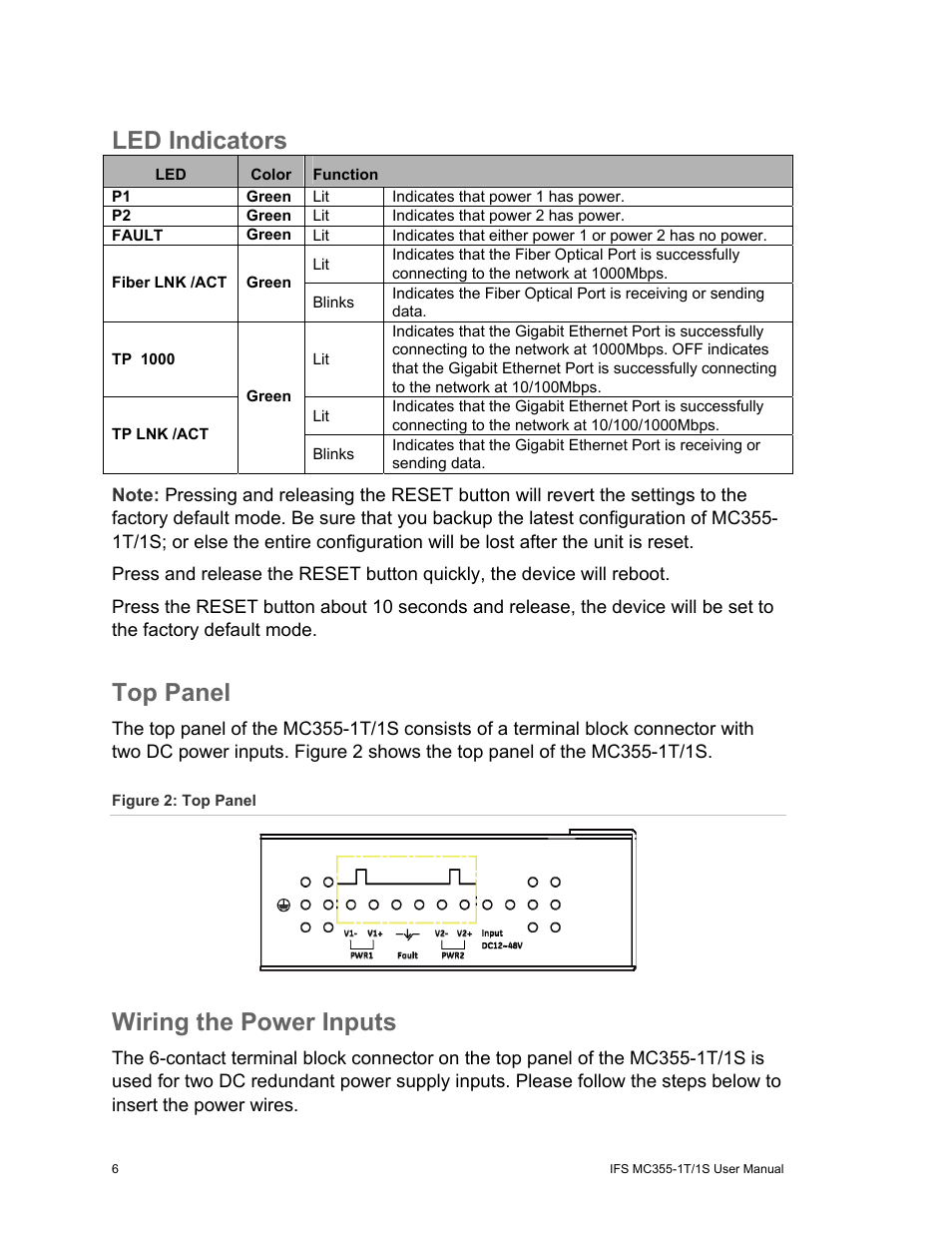 Led indicators, Top panel, Wiring the power inputs | Interlogix MC355-1T/1S User Manual User Manual | Page 10 / 64