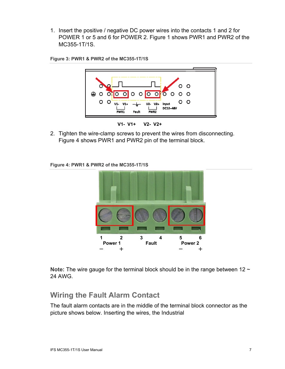 Wiring the fault alarm contact | Interlogix MC355-1T/1S User Manual User Manual | Page 11 / 64