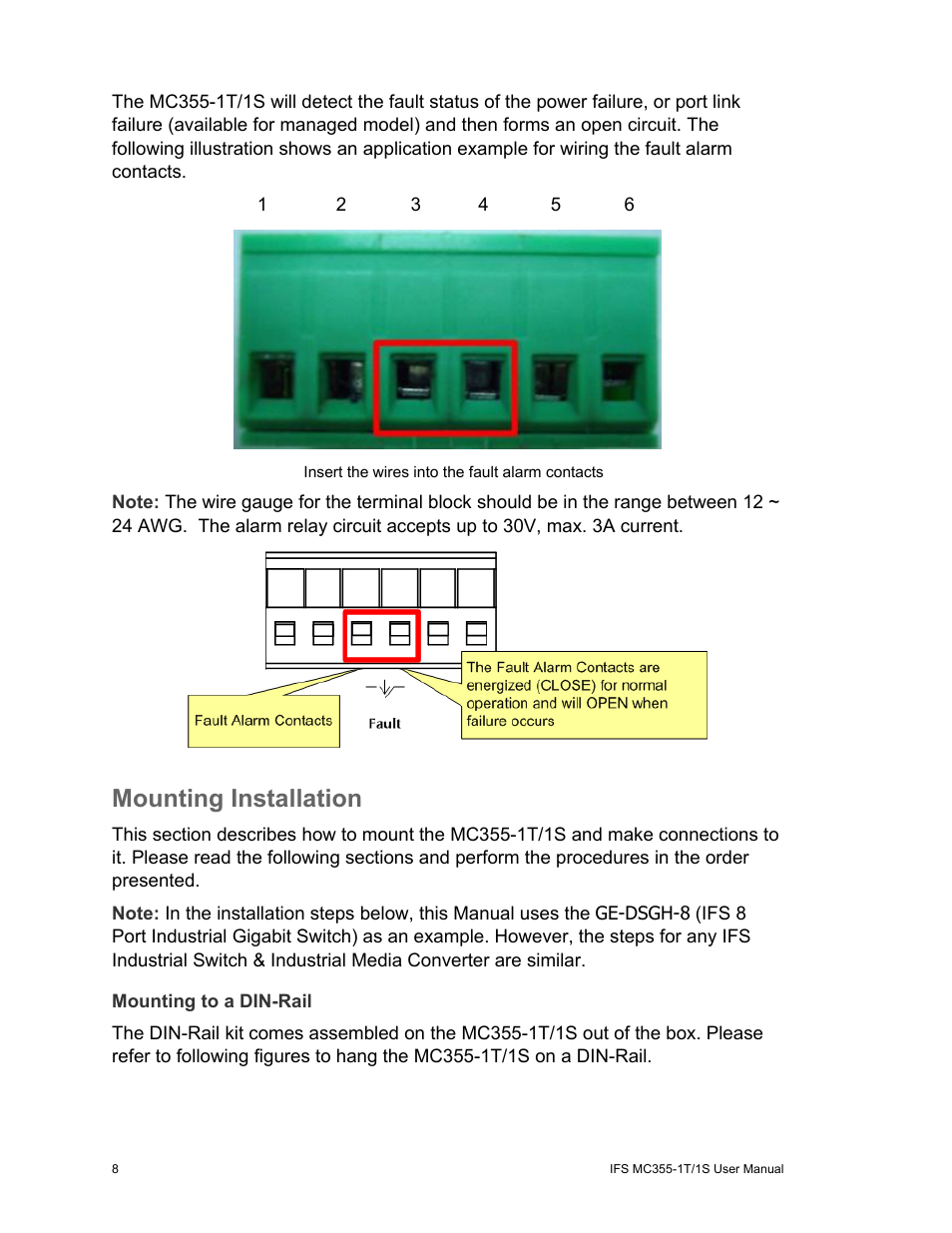 Mounting installation, Mounting to a din-rail | Interlogix MC355-1T/1S User Manual User Manual | Page 12 / 64