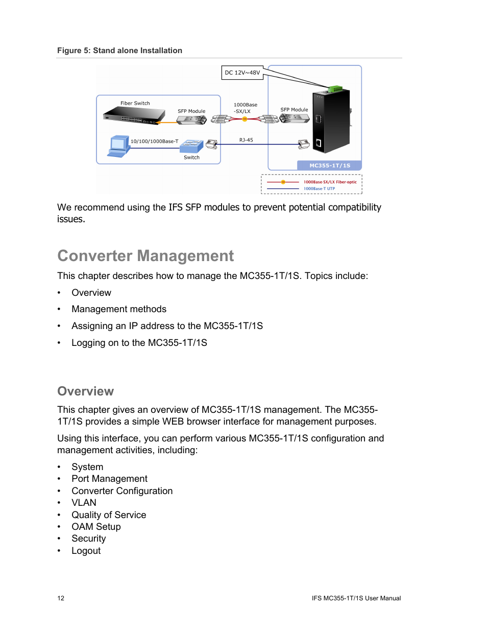 Converter management, Overview, Converter management 12 | Overview 12 | Interlogix MC355-1T/1S User Manual User Manual | Page 16 / 64