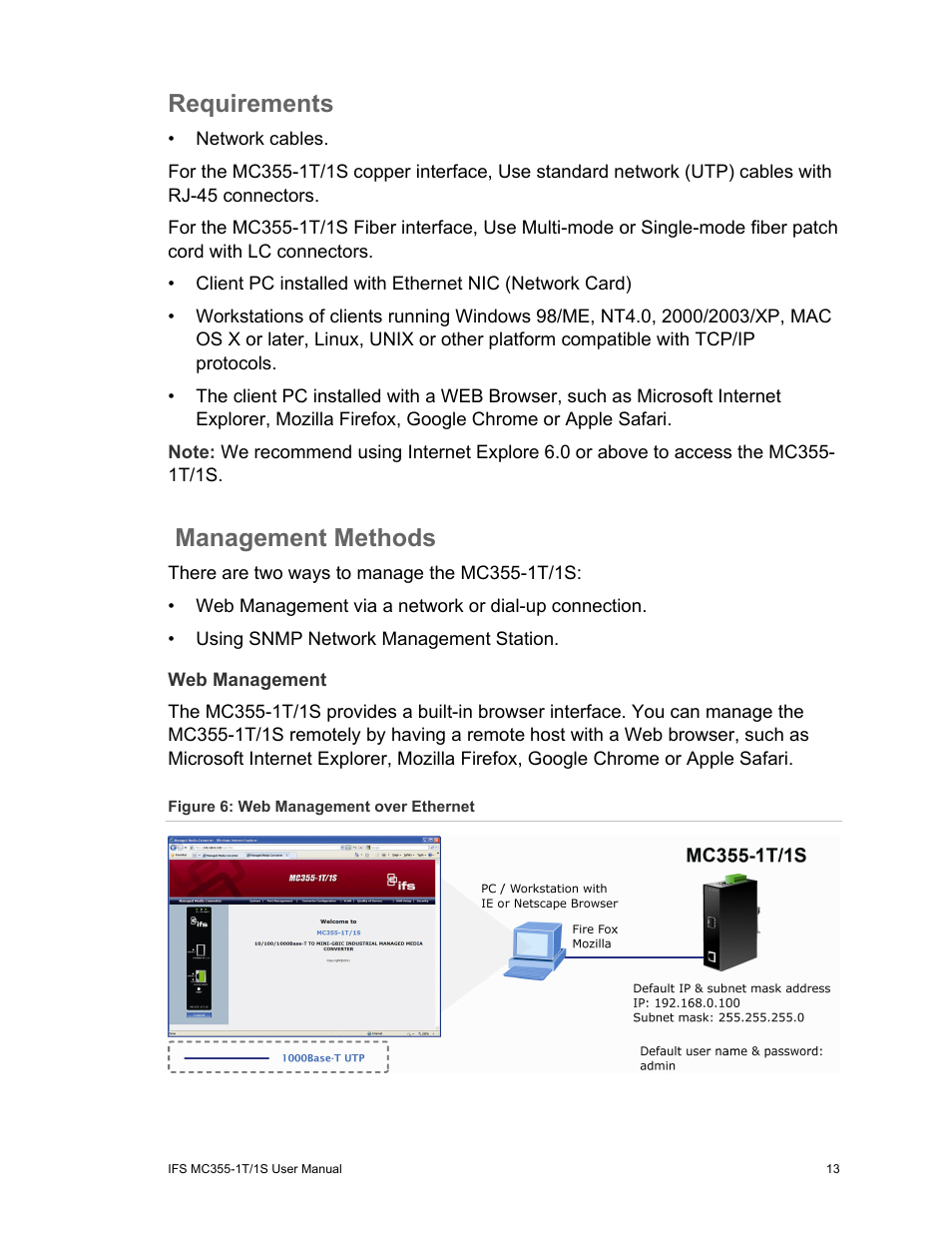 Requirements, Management methods, Web management | Management methods 13 | Interlogix MC355-1T/1S User Manual User Manual | Page 17 / 64