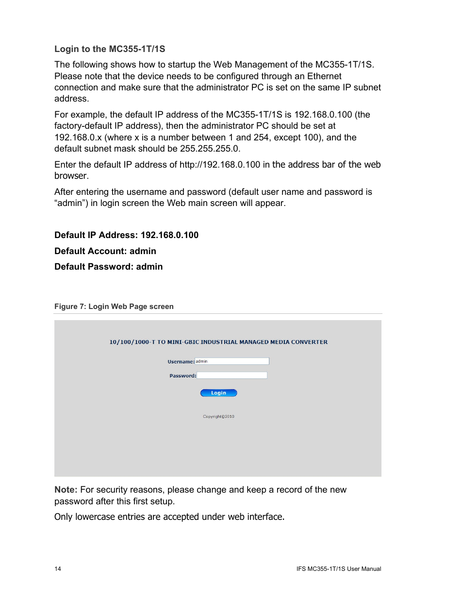Login to the mc355-1t/1s | Interlogix MC355-1T/1S User Manual User Manual | Page 18 / 64