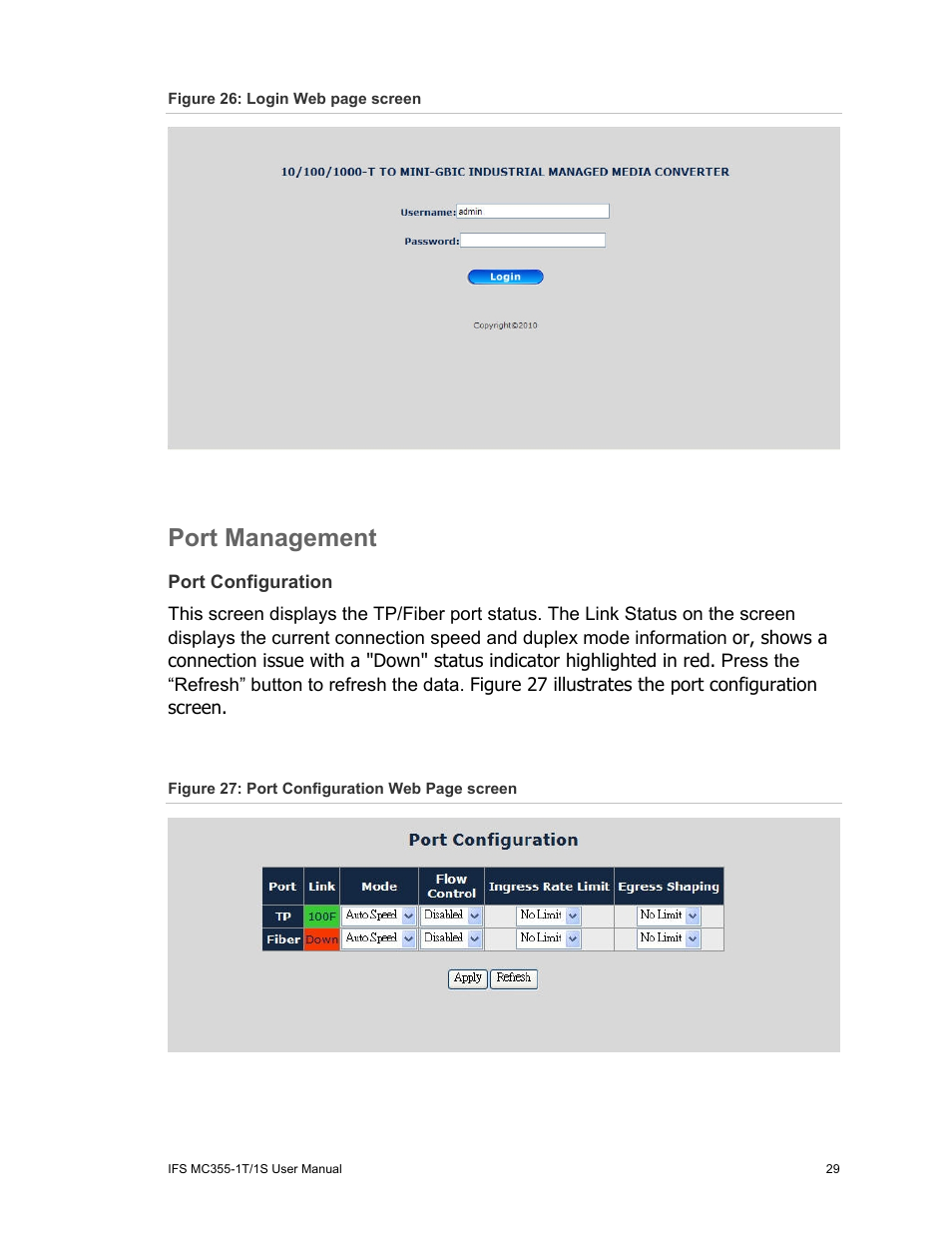 Port management, Port configuration, Port management 29 | Interlogix MC355-1T/1S User Manual User Manual | Page 33 / 64