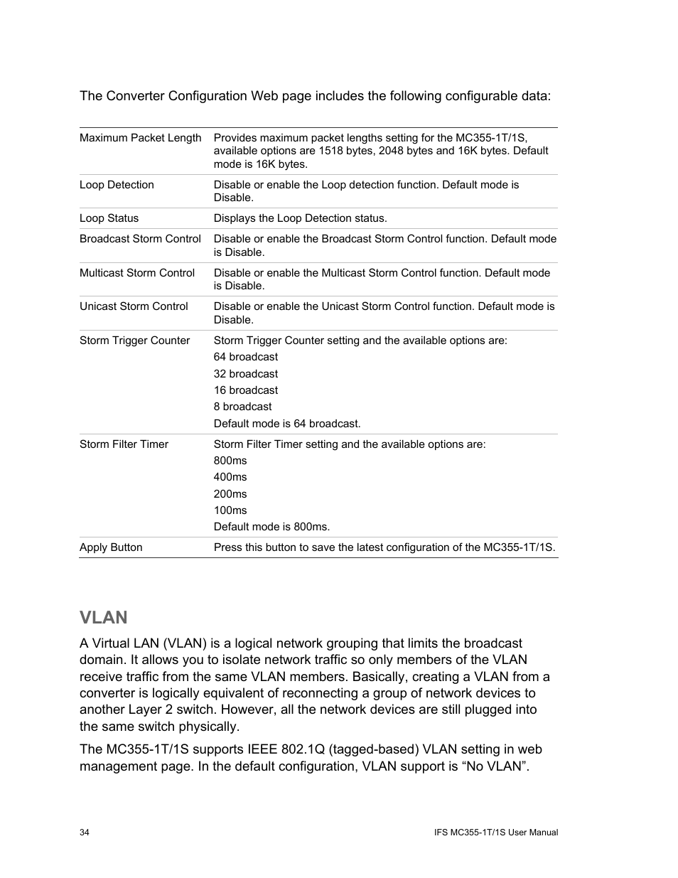 Vlan, Vlan 34 | Interlogix MC355-1T/1S User Manual User Manual | Page 38 / 64