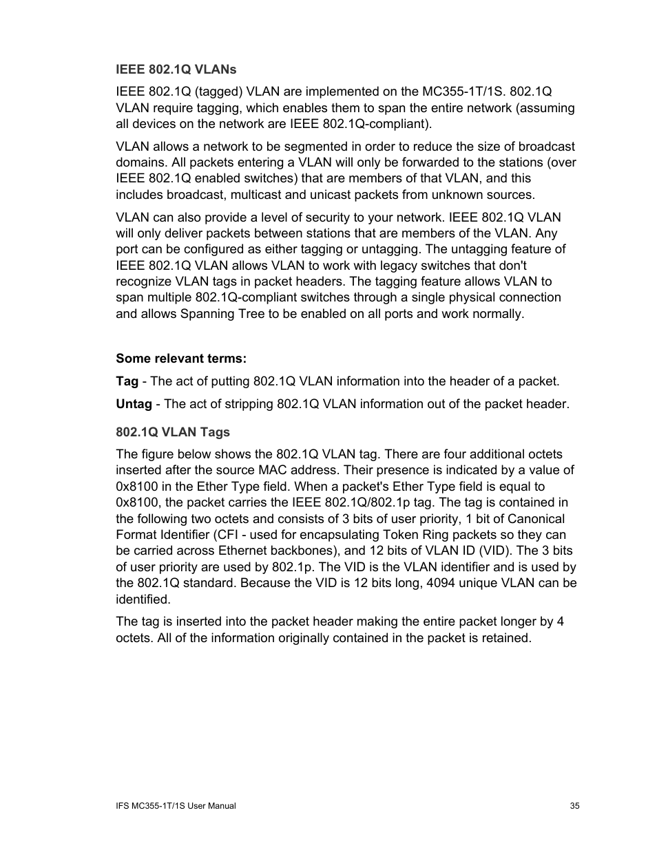 Ieee 802.1q vlans, 1q vlan tags | Interlogix MC355-1T/1S User Manual User Manual | Page 39 / 64