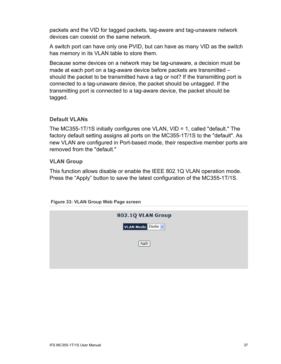 Default vlans, Vlan group | Interlogix MC355-1T/1S User Manual User Manual | Page 41 / 64