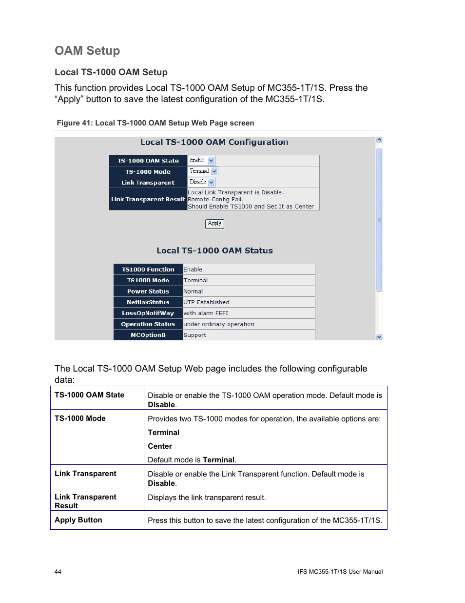 Oam setup, Local ts-1000 oam setup, Oam setup 44 | Interlogix MC355-1T/1S User Manual User Manual | Page 48 / 64