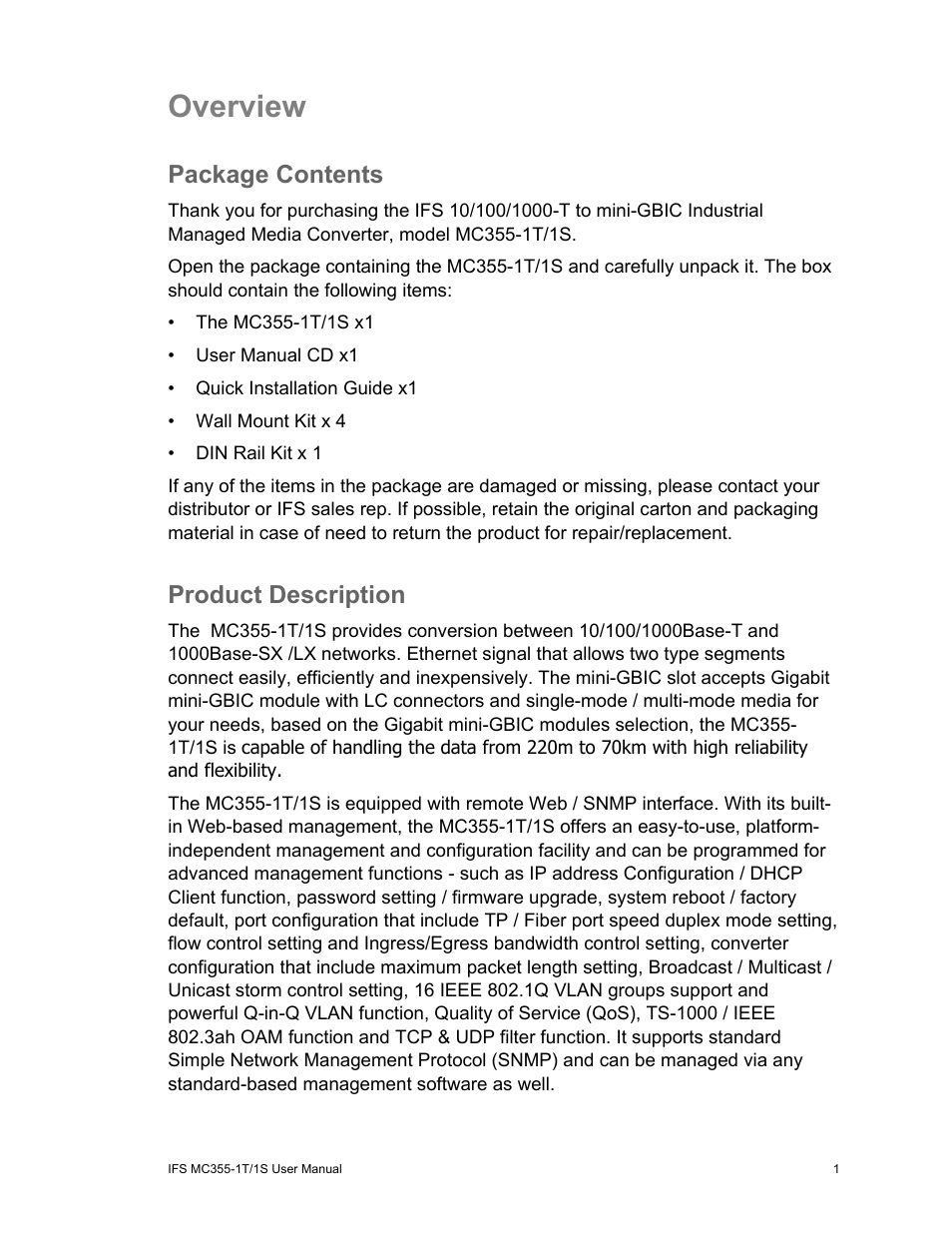 Overview, Package contents, Product description | Package contents 1, Product description 1 | Interlogix MC355-1T/1S User Manual User Manual | Page 5 / 64