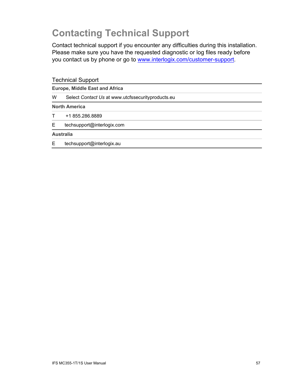 Contacting technical support, Contacting technical support 57 | Interlogix MC355-1T/1S User Manual User Manual | Page 61 / 64