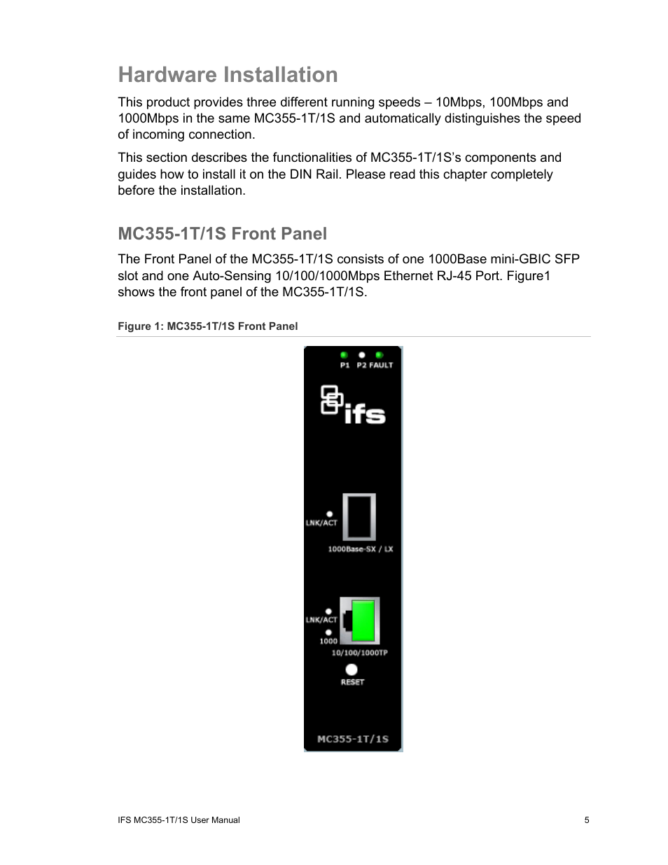 Hardware installation, Mc355-1t/1s front panel, Mc355-1t/1s front panel 5 | Interlogix MC355-1T/1S User Manual User Manual | Page 9 / 64